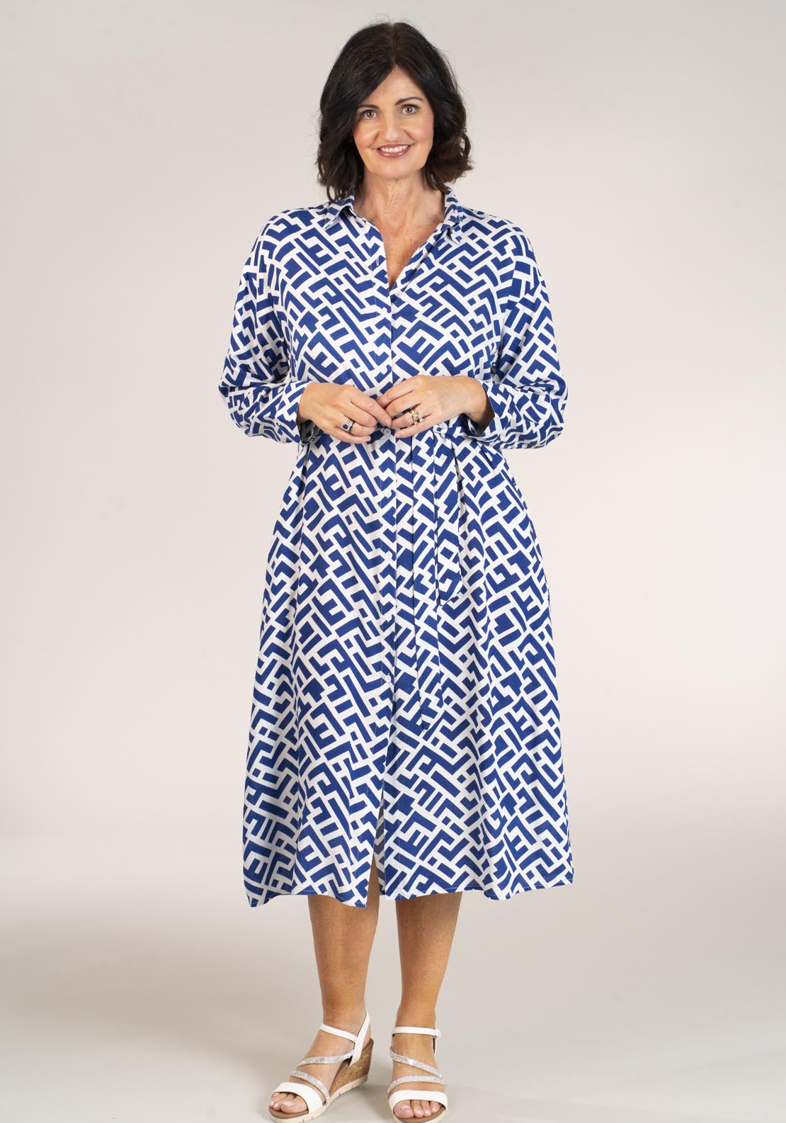 Naoise Long Sleeve Printed Dress Side Pocket - Navy 1 Shaws Department Stores