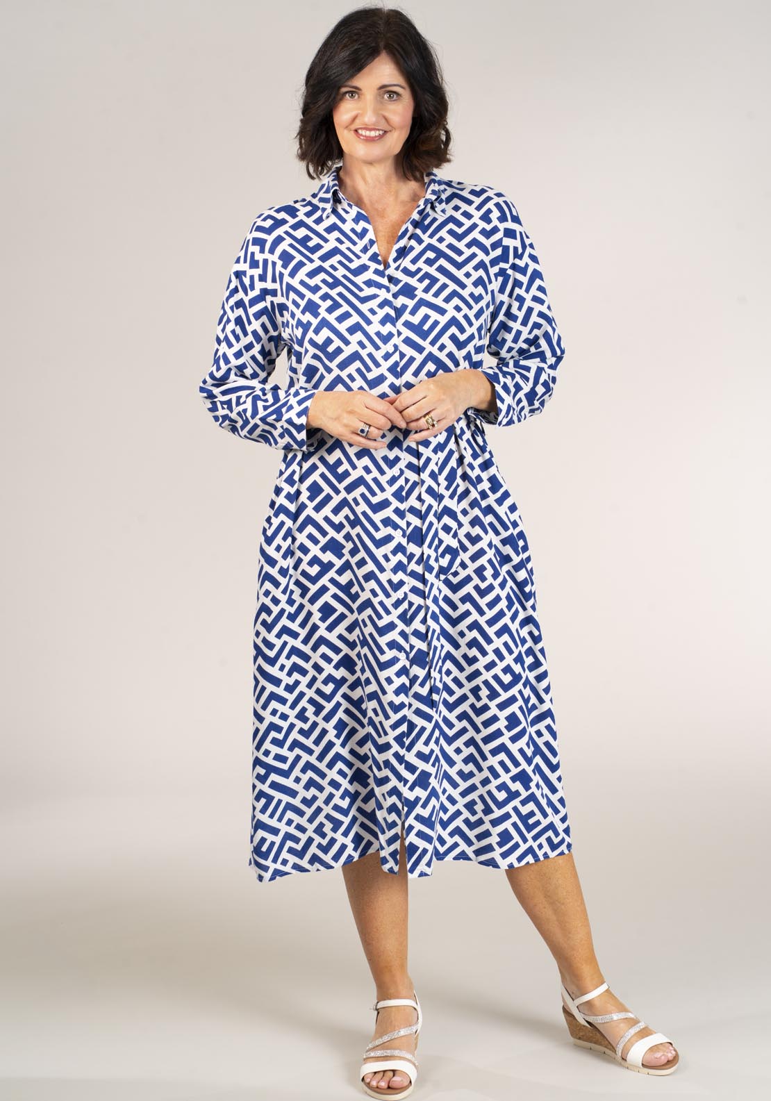 Naoise Long Sleeve Printed Dress Side Pocket - Navy 5 Shaws Department Stores