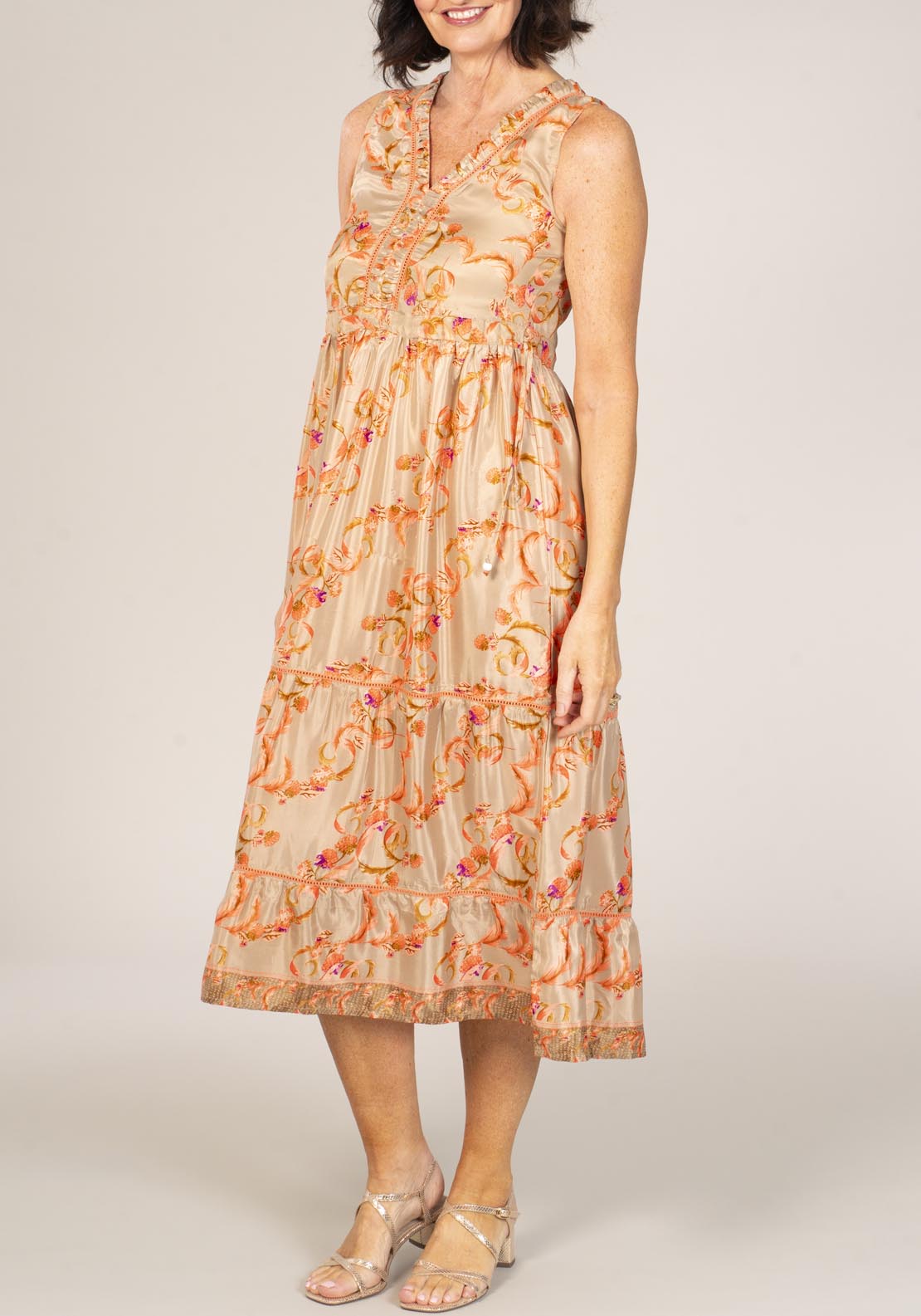 Naoise Sleeveless Polyester Satin Dress - Orange 1 Shaws Department Stores