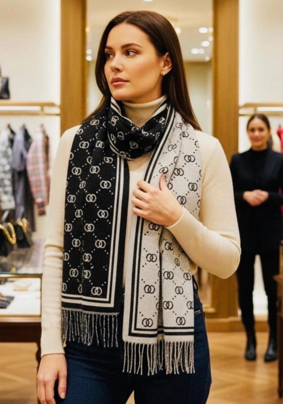 Anthea Geometric Print Boxed Scarf - Black W White Print 3 Shaws Department Stores