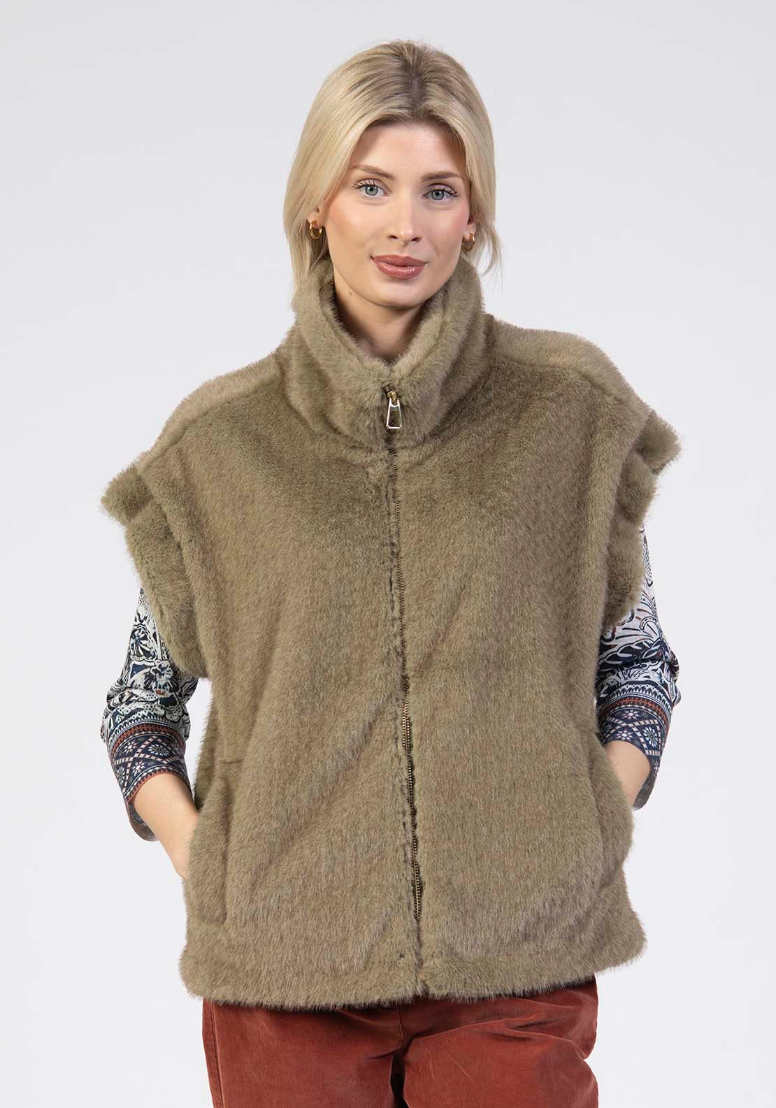 Tea Lane Faux Fur Gilet - Green 1 Shaws Department Stores