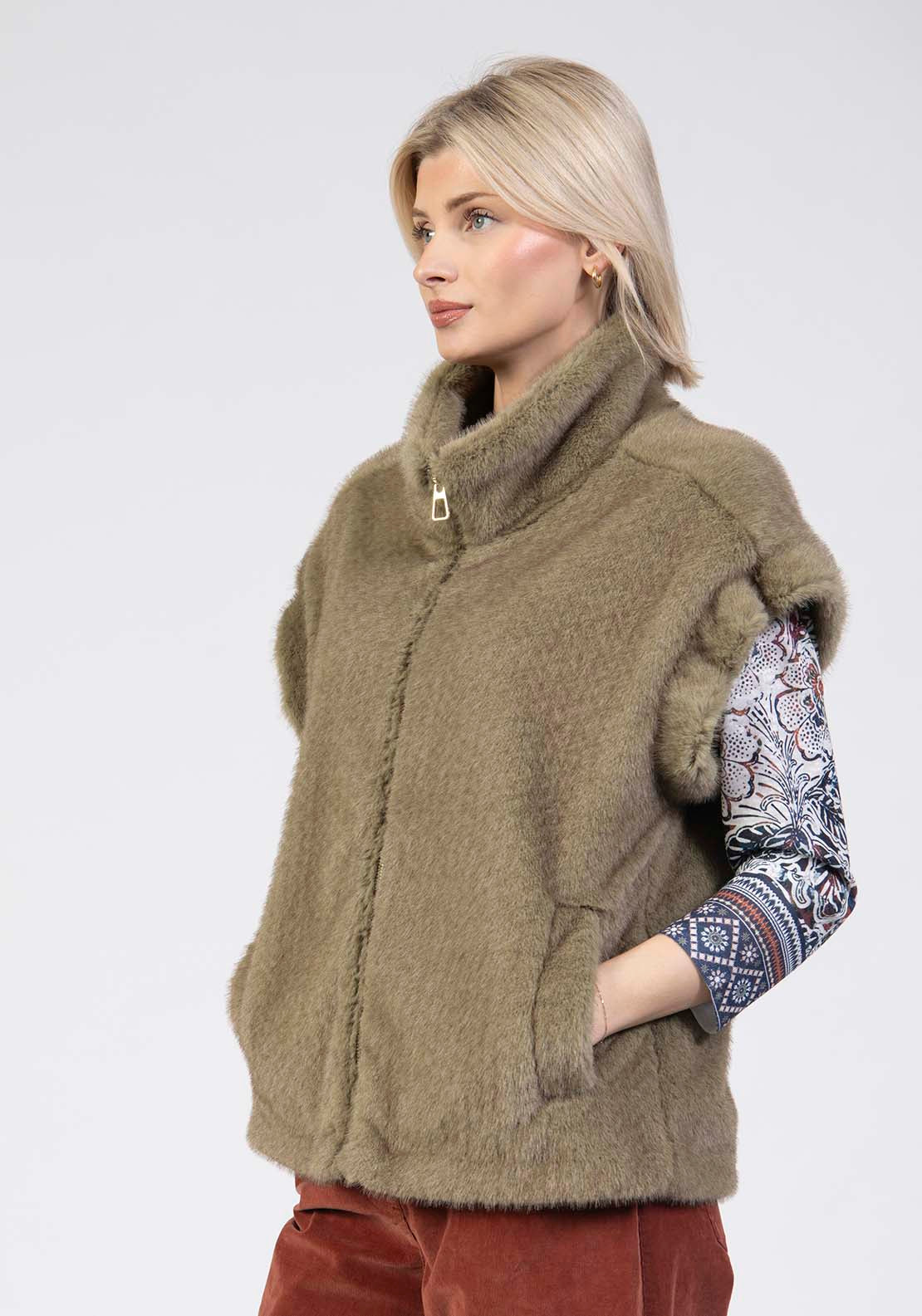 Tea Lane Faux Fur Gilet - Green 3 Shaws Department Stores