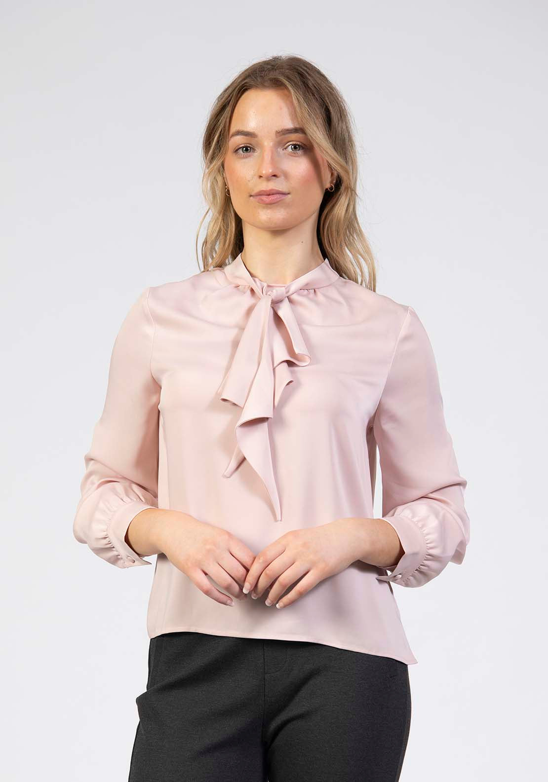 Tea Lane Pussy Bow Satin Blouse - Pink 1 Shaws Department Stores