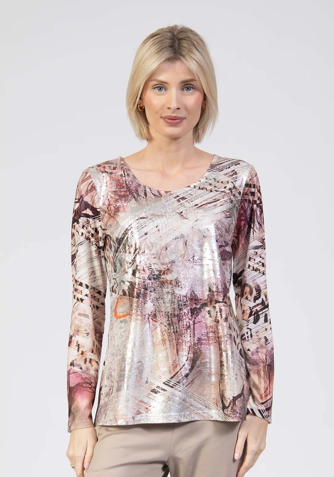 Tea Lane Long Sleeve Foil Print Top - Purple 1 Shaws Department Stores