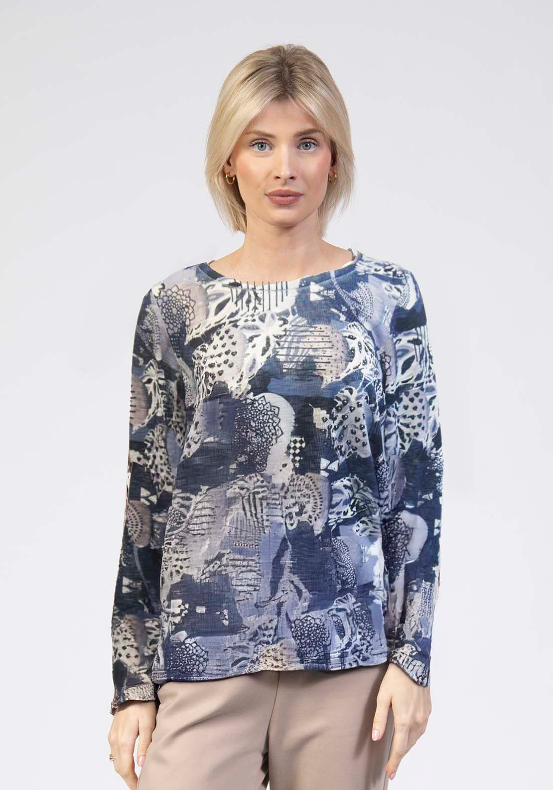 Long Sleeve Printed Denim Top - Blue