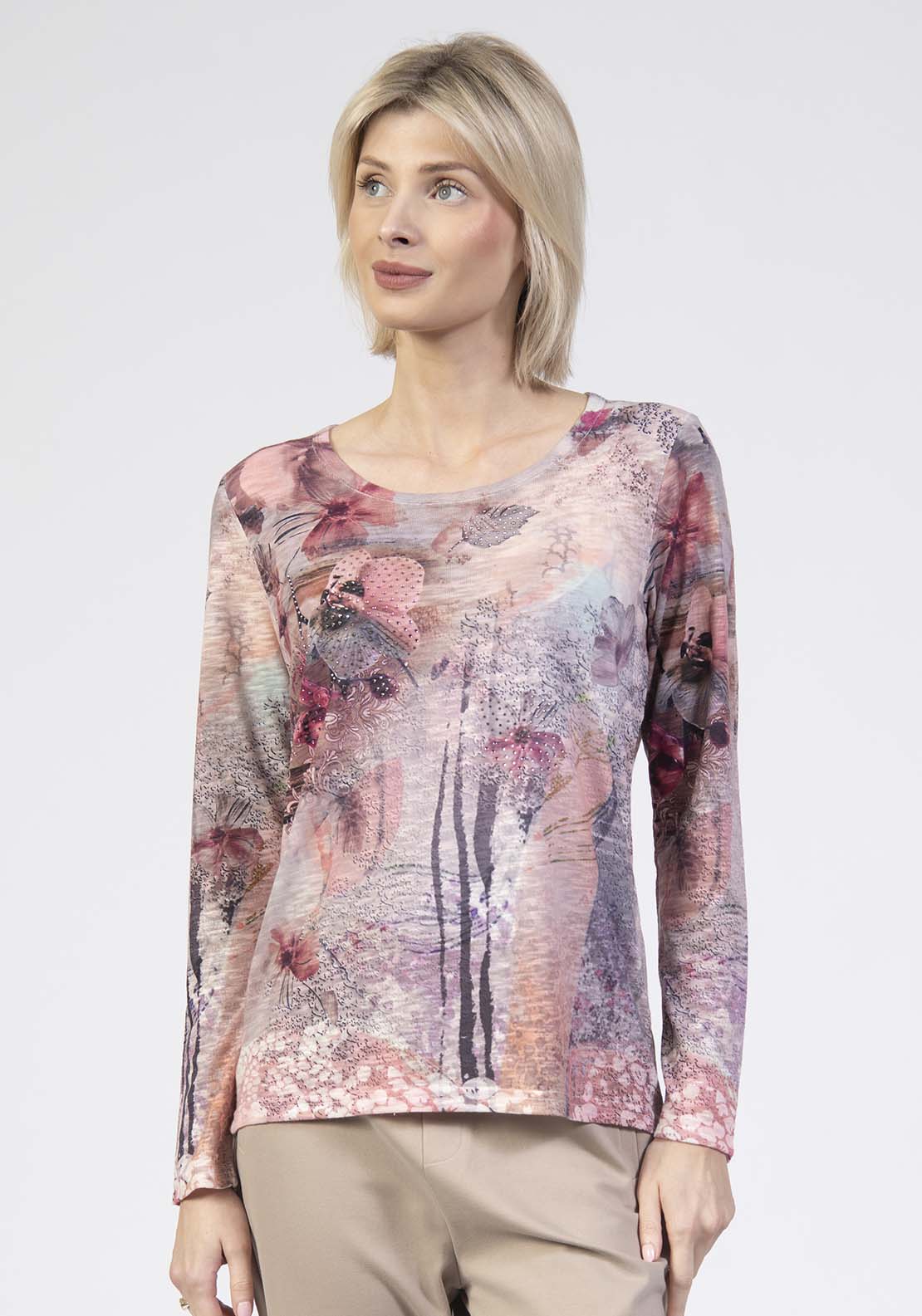 Long Sleeve Printed Orchid Top - Pink