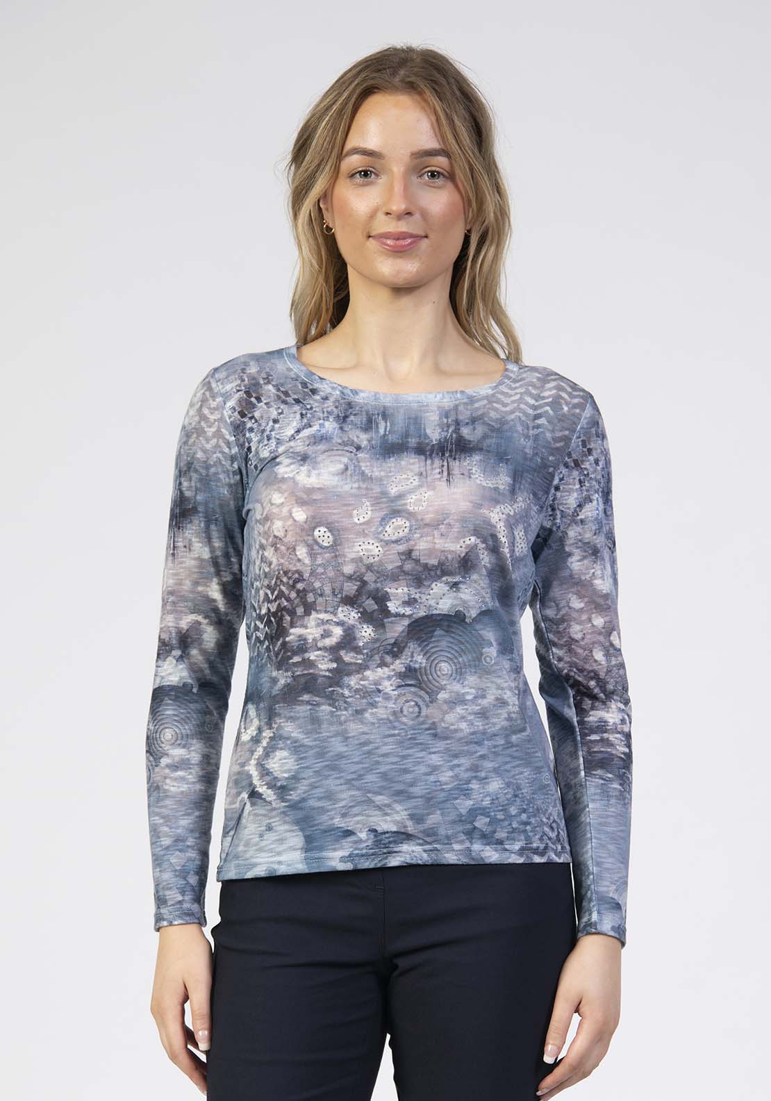 Long Sleeve Printed Blue Tonal Top - Blue