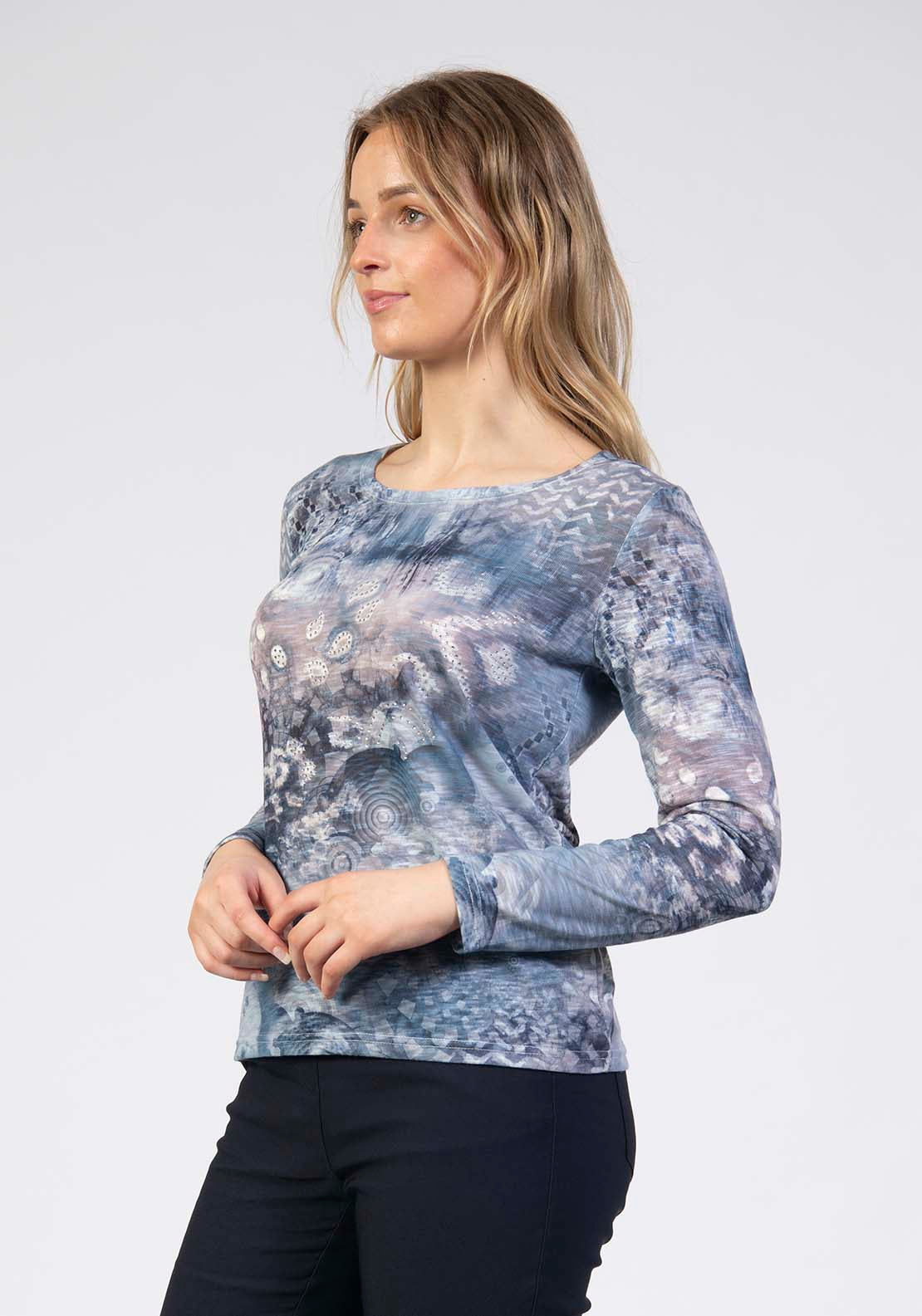 Long Sleeve Printed Blue Tonal Top - Blue