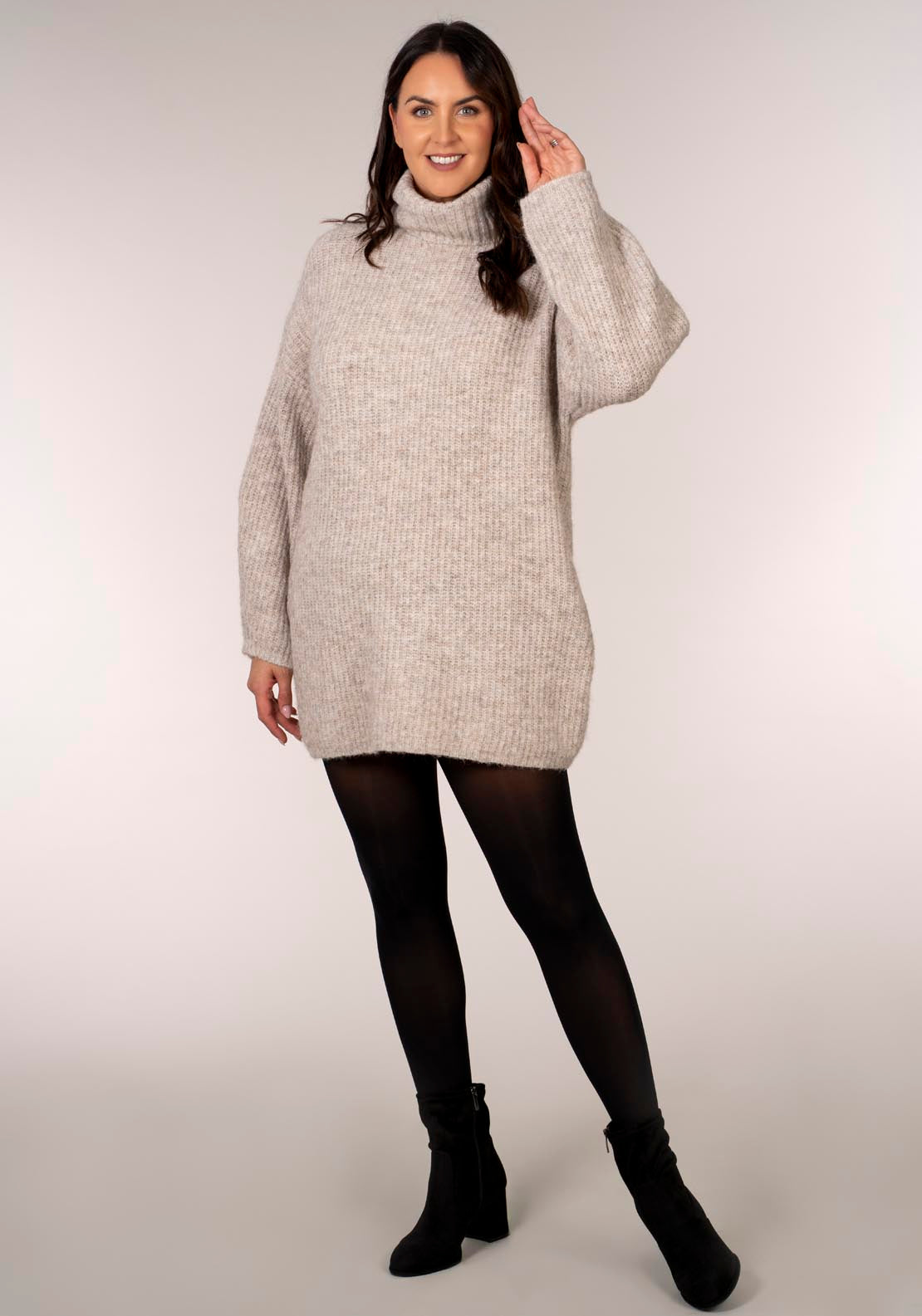 Milla Long Sleeve Rollneck Mini Dress - Beige