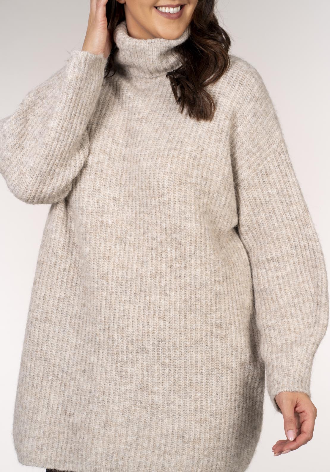 Milla Long Sleeve Rollneck Mini Dress - Beige