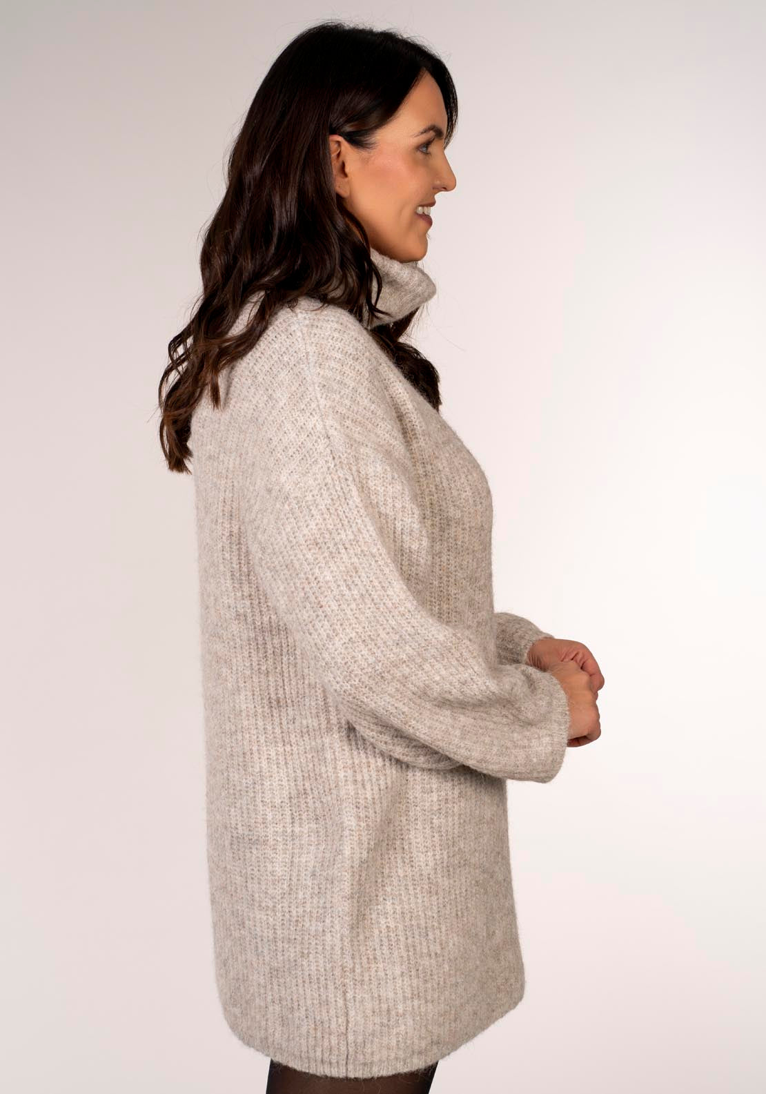 Milla Long Sleeve Rollneck Mini Dress - Beige