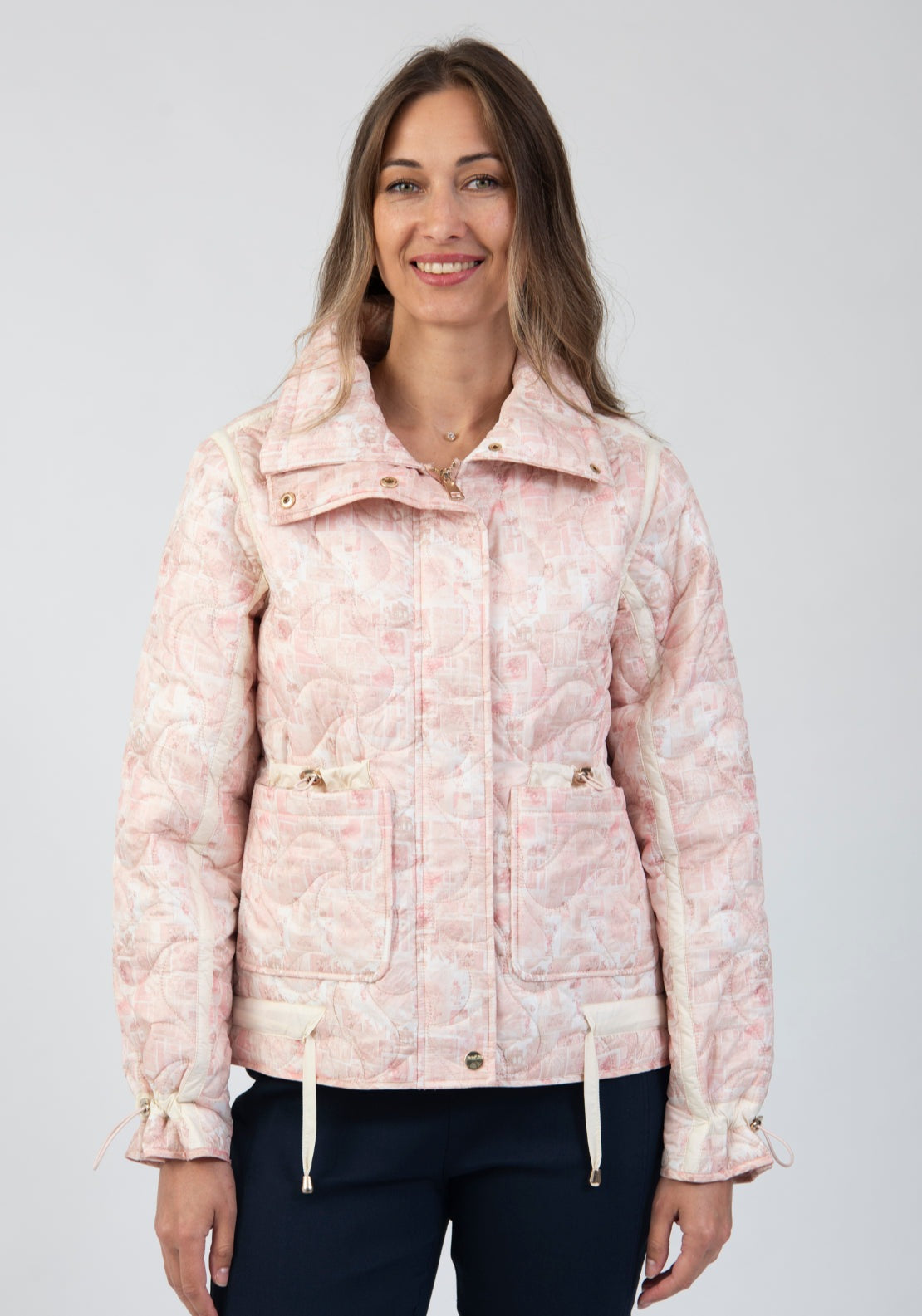 Tea Lane Printed Quilted Jacket With Drawstring Detail - Pink 1 Shaws Department Stores