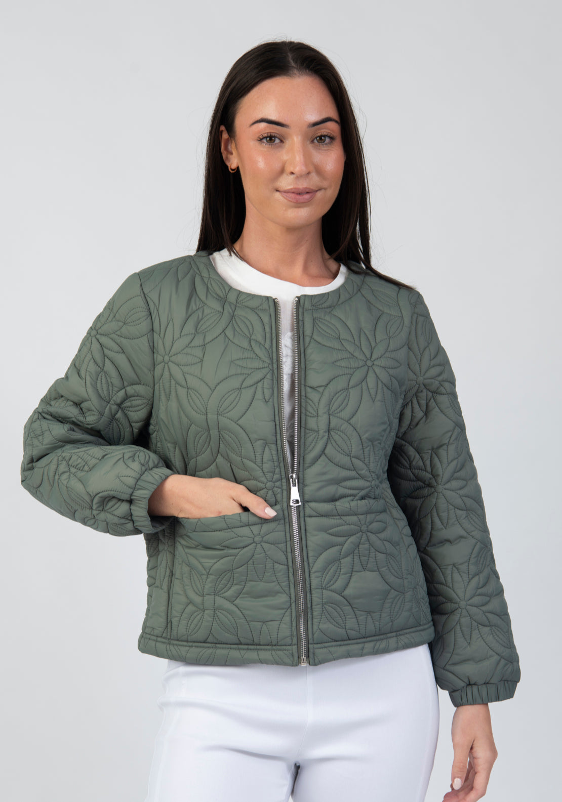 Tea Lane Quilted Floral Motif Short Jacket - Green 1 Shaws Department Stores