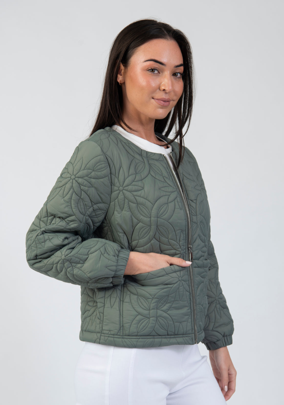 Tea Lane Quilted Floral Motif Short Jacket - Green 3 Shaws Department Stores