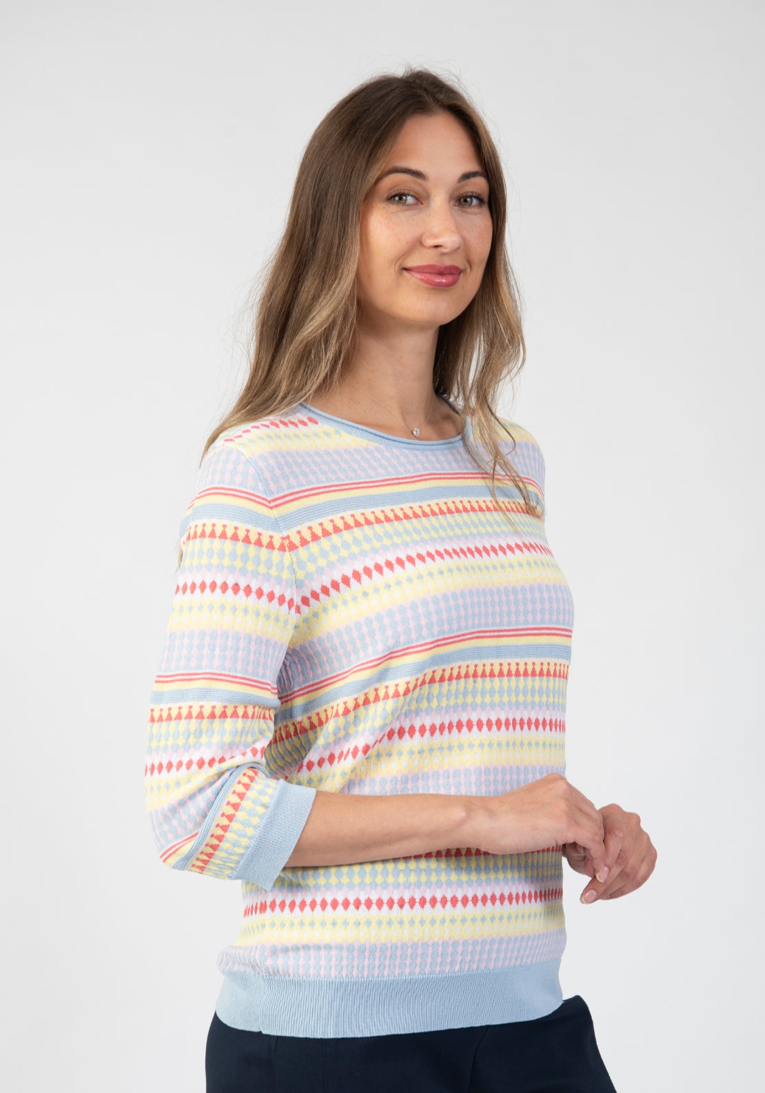 Tea Lane Long Sleeve Stripe Pattern Knit Sweater - Blue 3 Shaws Department Stores