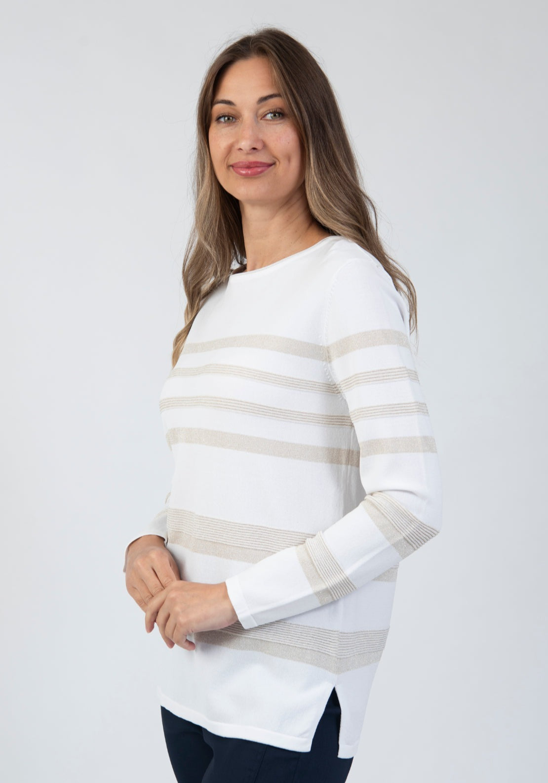 Tea Lane Stripe Lightweight Sweater - White 3 Shaws Department Stores