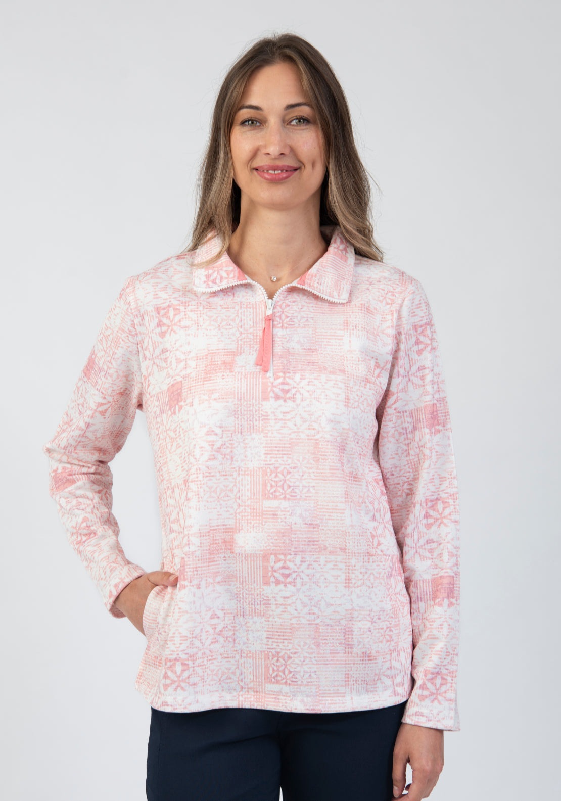 Tea Lane Abstract Floral Half Zip Top - Pink 1 Shaws Department Stores