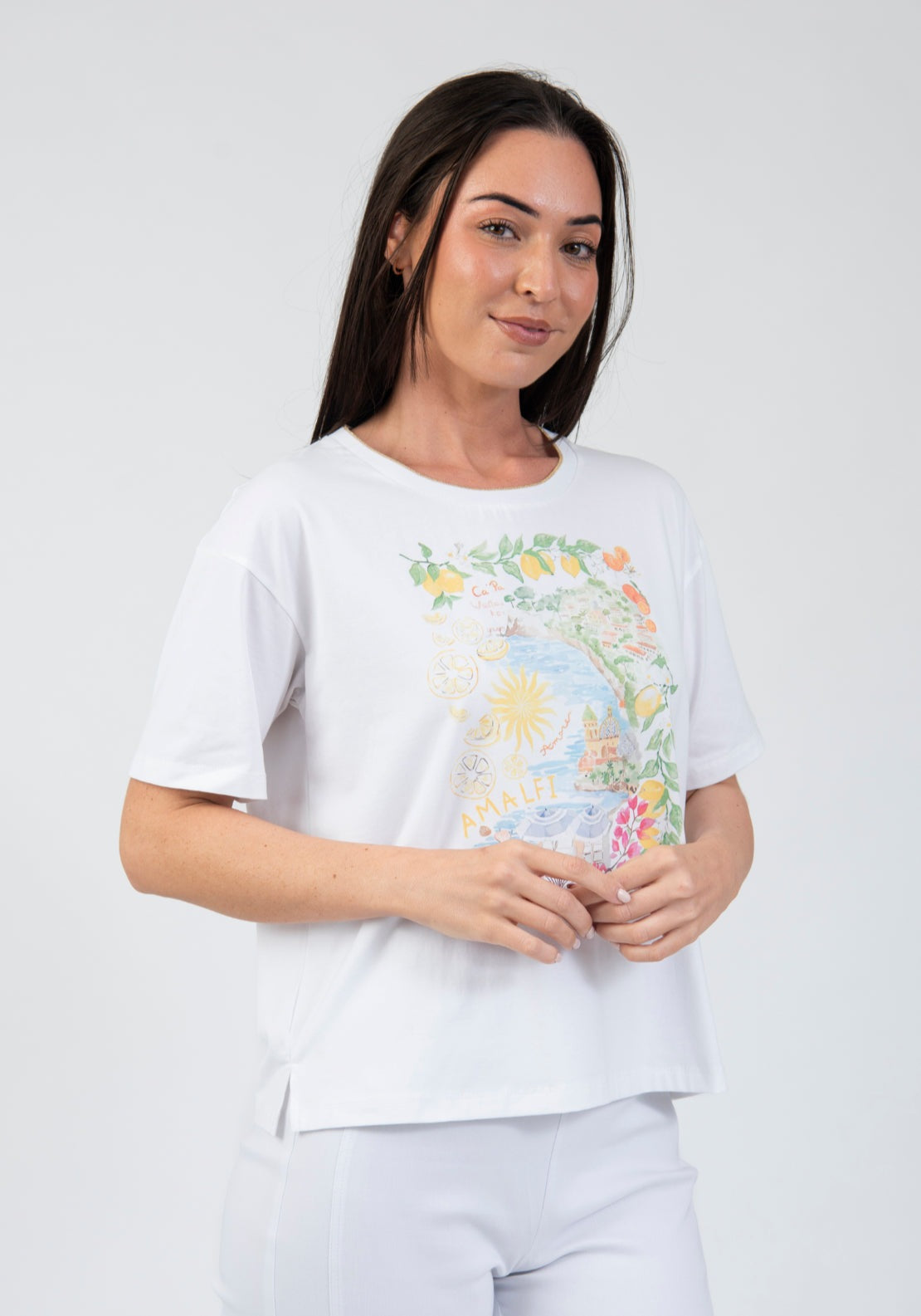 Tea Lane Summer Amalfi Print T Shirt With Shiny Neckline - White 3 Shaws Department Stores
