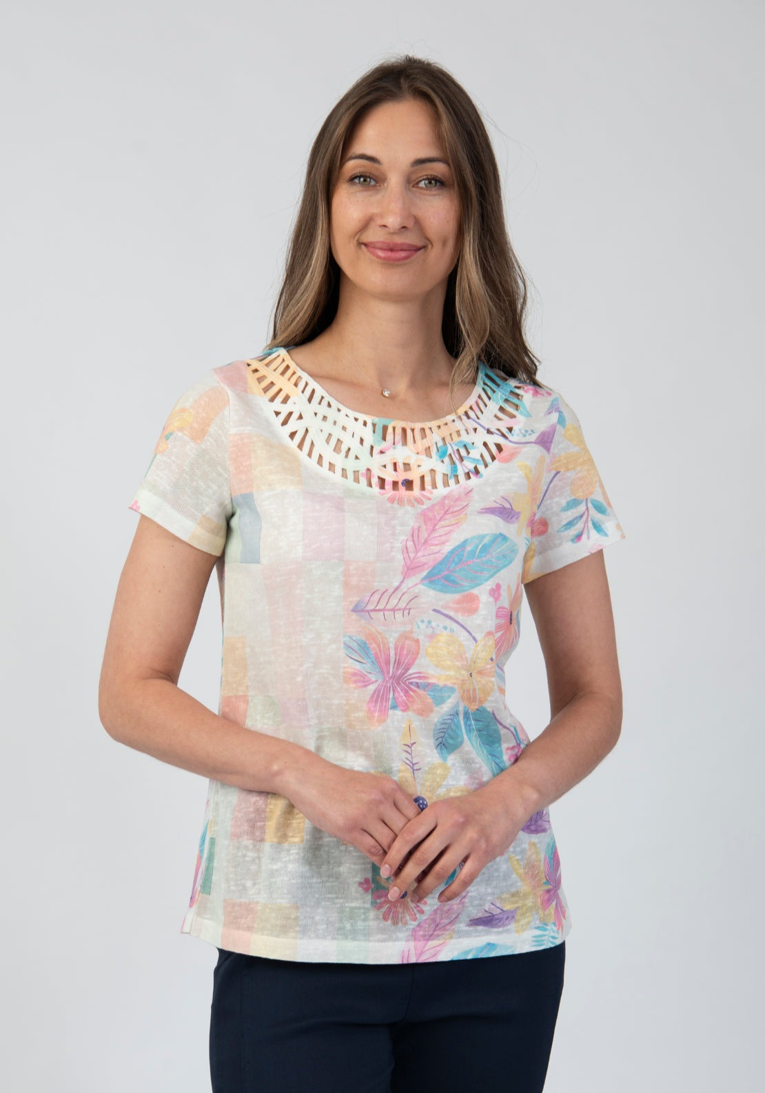 Tea Lane Floral Print Lace Neck Detail T Shirt - Orange 1 Shaws Department Stores