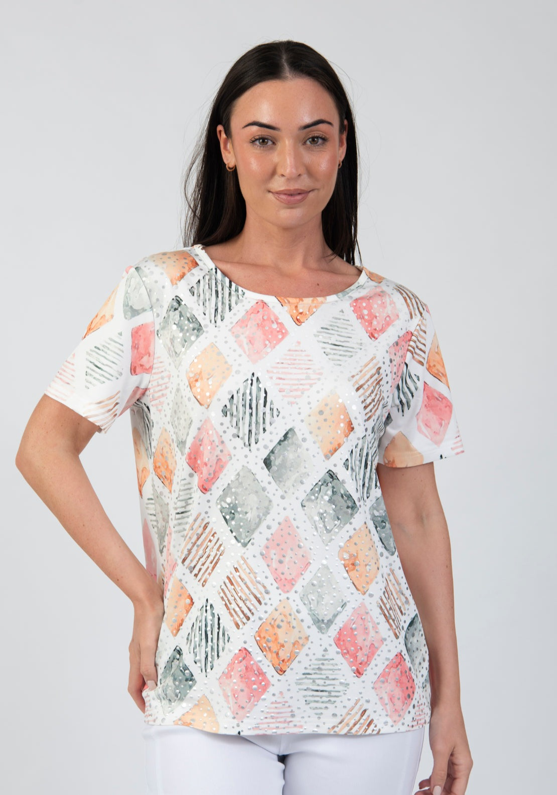 Tea Lane Abstract Foil Detail Print Sheer T Shirt - Pink 1 Shaws Department Stores