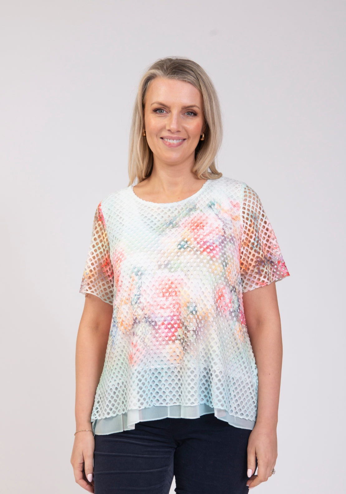 Tea Lane Floral Printed Mesh Layer T Shirt - Green 1 Shaws Department Stores