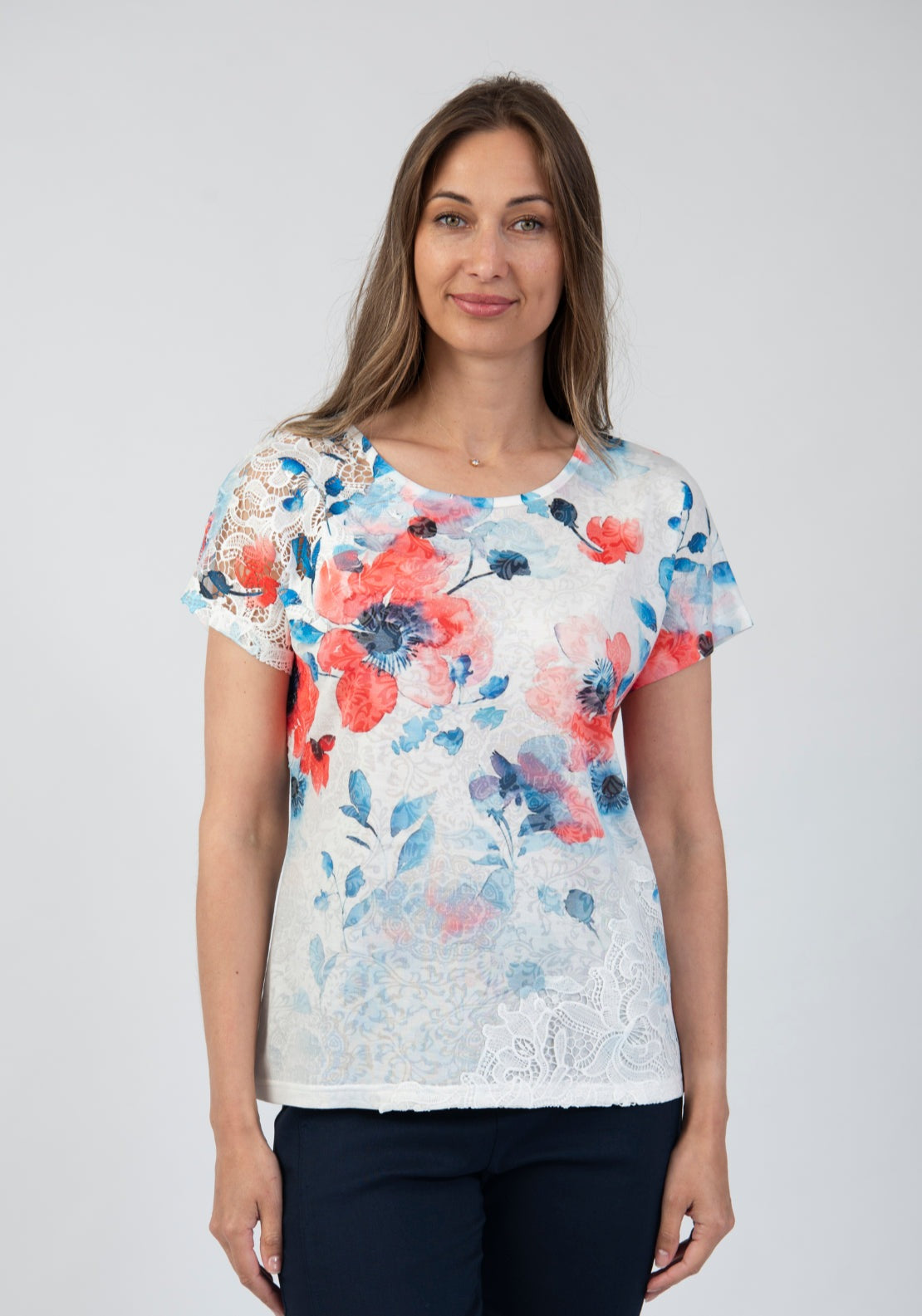 Tea Lane Floral Lace Overlay T Shirt - Blue 1 Shaws Department Stores
