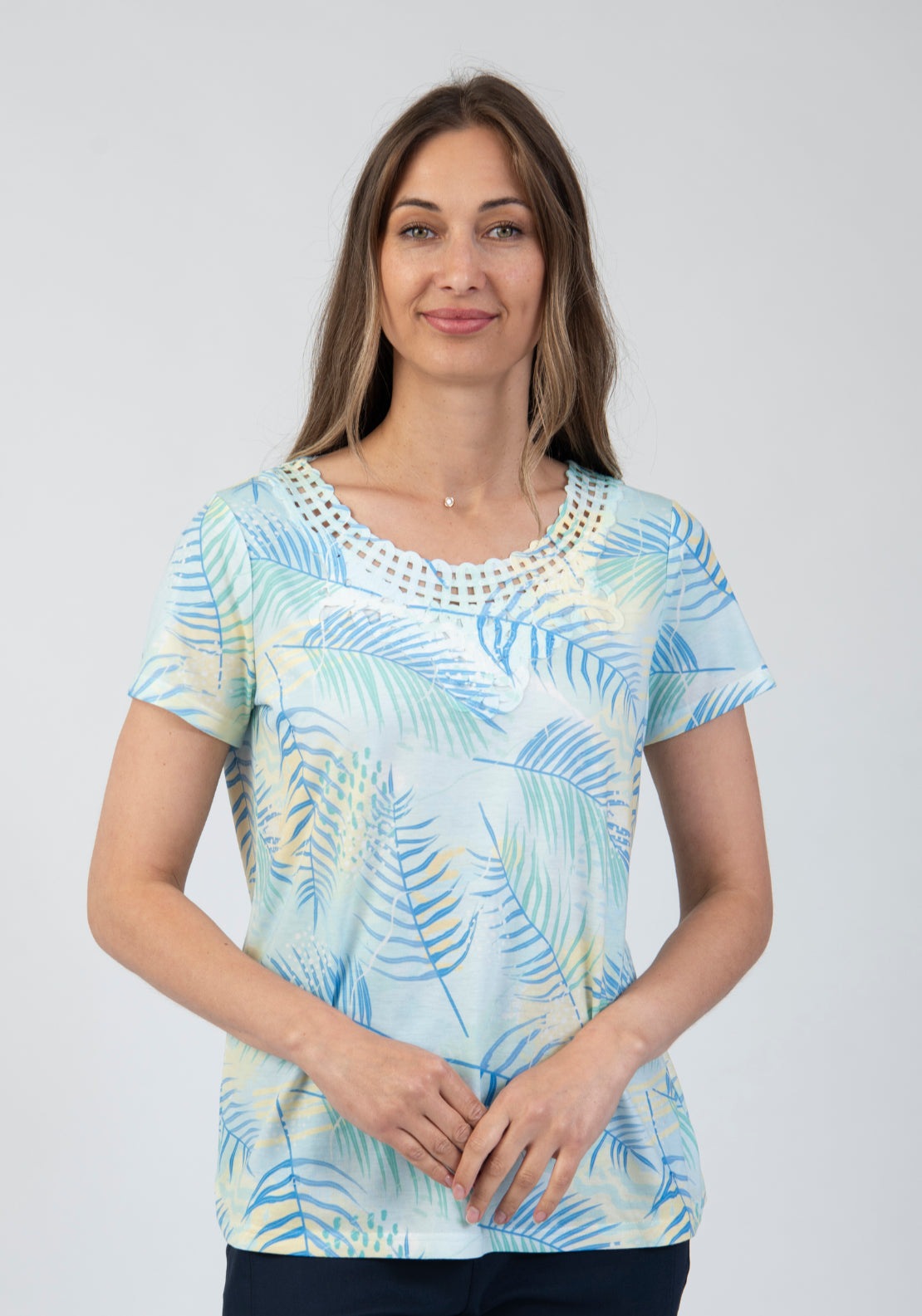 Tea Lane Leaf Printed Lace Neck Detail T Shirt - Green 1 Shaws Department Stores
