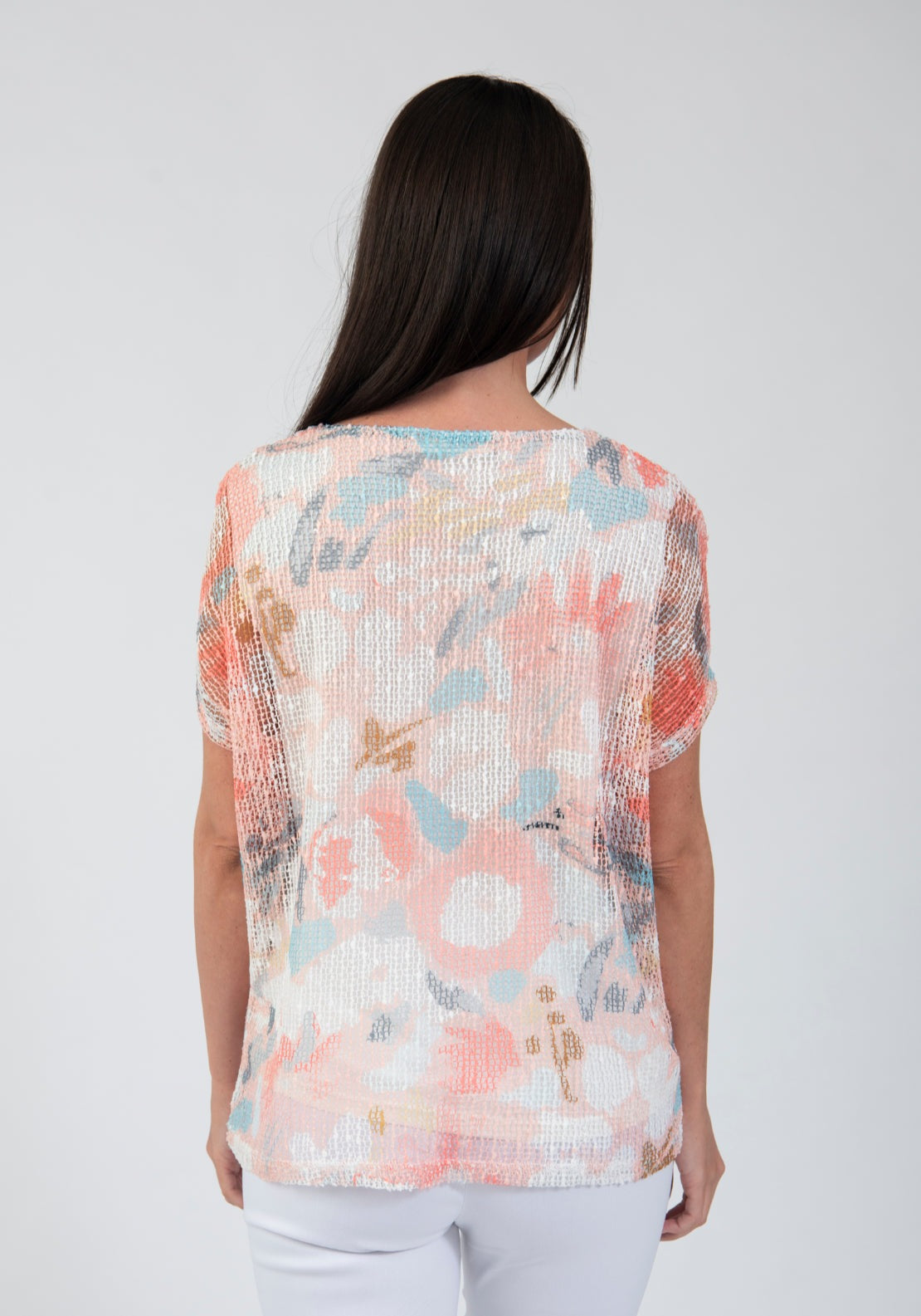 Tea Lane Abstract Floral Mesh Overlay T Shirt - Orange 2 Shaws Department Stores