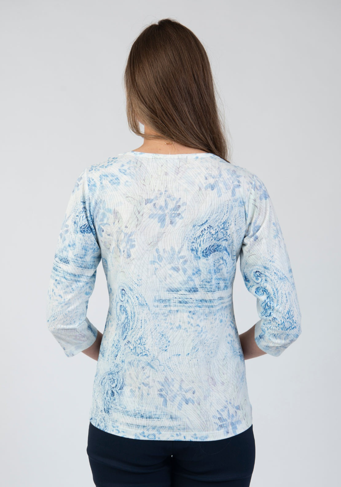 Tea Lane 3/4 Sleeve Gemstone Detail Soft Floral Top - Blue 2 Shaws Department Stores