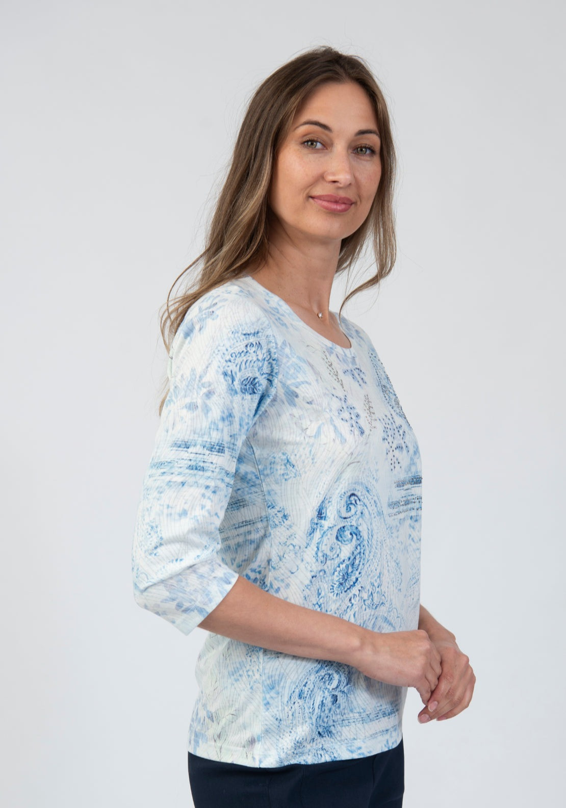 Tea Lane 3/4 Sleeve Gemstone Detail Soft Floral Top - Blue 3 Shaws Department Stores