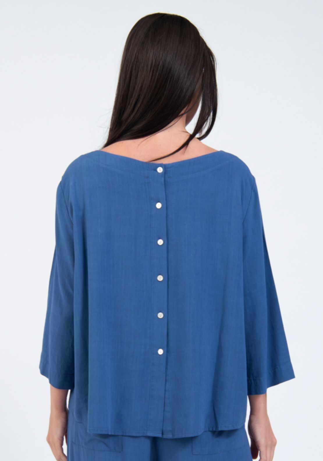 Tea Lane Pleat Neck Boat Neck Blouse - Blue 2 Shaws Department Stores