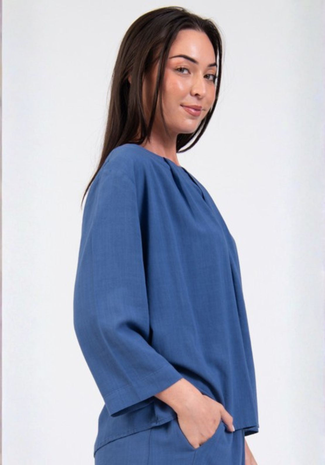 Tea Lane Pleat Neck Boat Neck Blouse - Blue 3 Shaws Department Stores