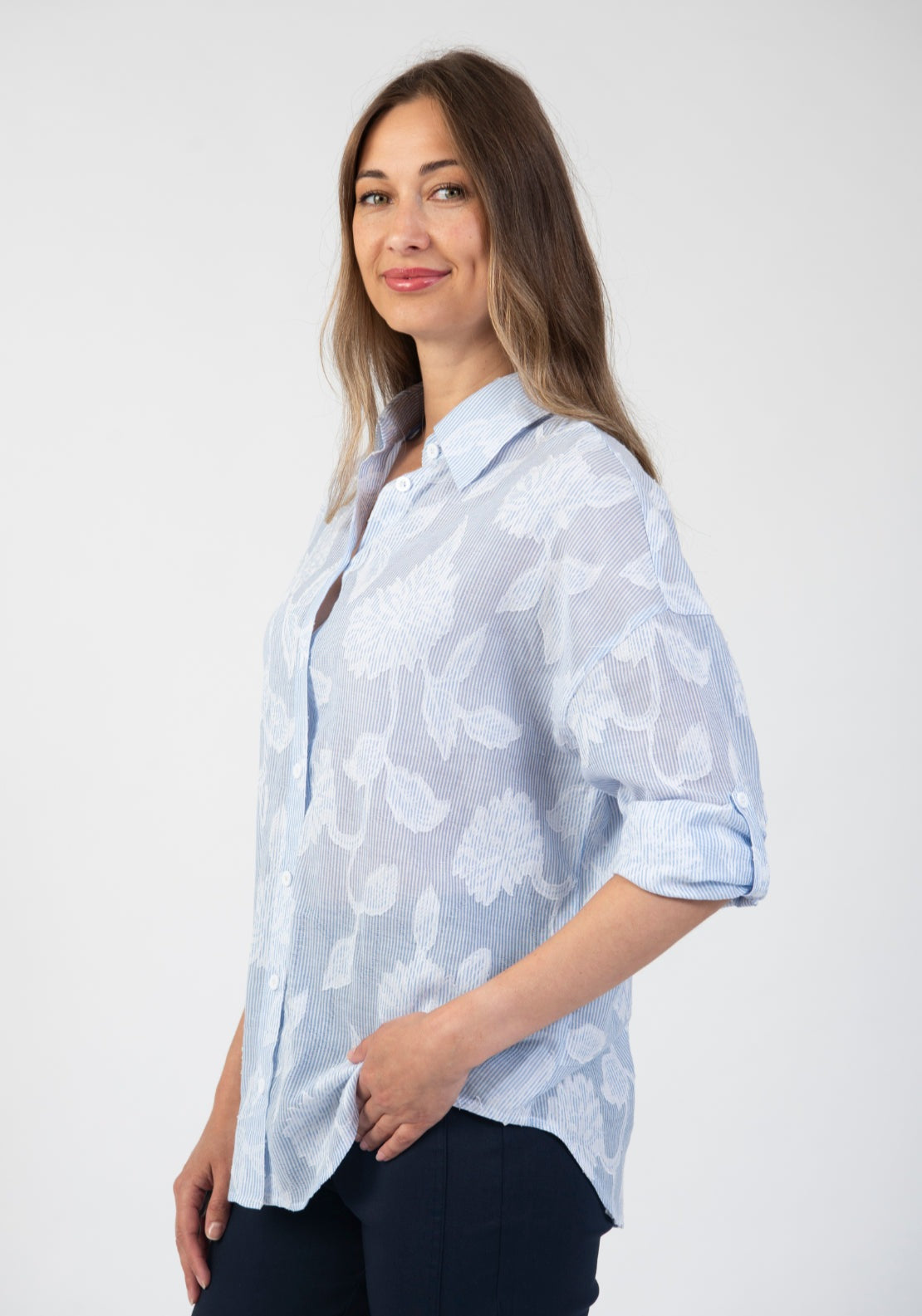 Tea Lane Floral Jacquard Button Shirt - Blue 3 Shaws Department Stores