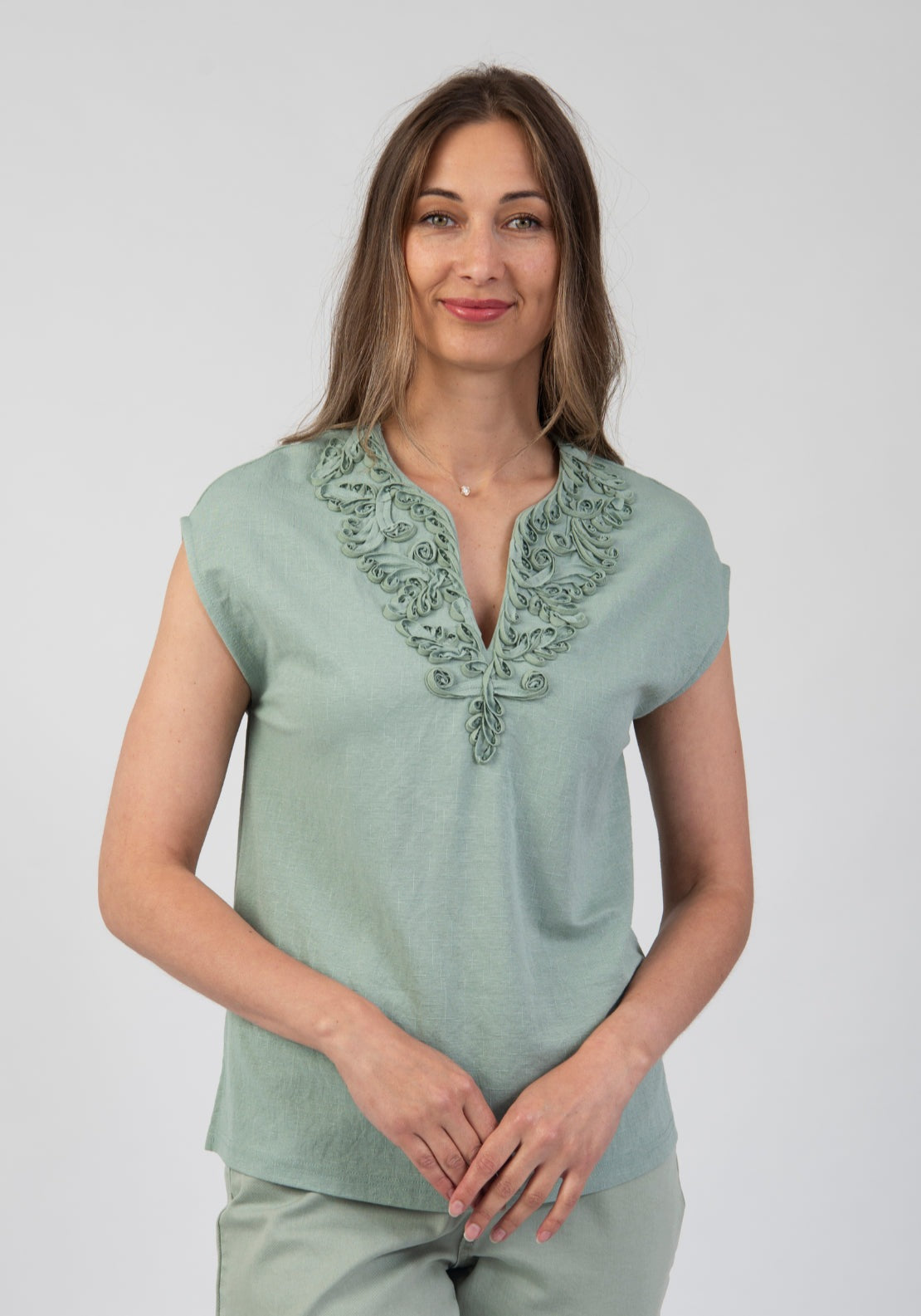 Tea Lane Sleeveless Linen like Cord Embroidered Top - Green 1 Shaws Department Stores