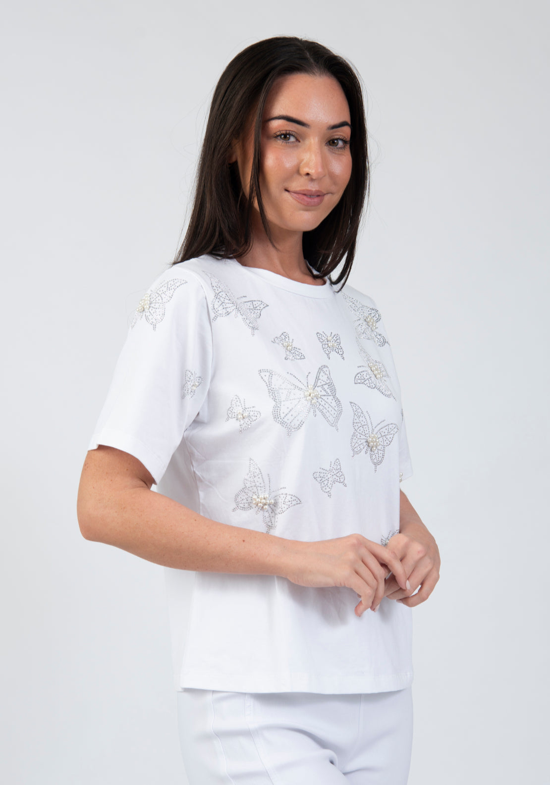 Tea Lane T Shirt With Butterfly Motif Gemstones - White 3 Shaws Department Stores