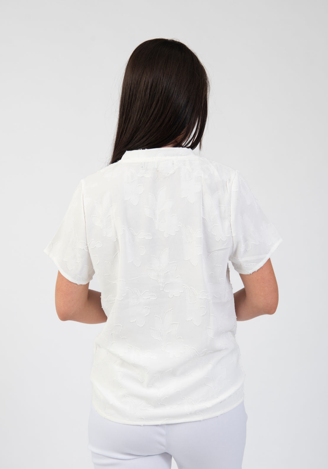 Tea Lane Textured Floral V Neck T Shirt - White 2 Shaws Department Stores