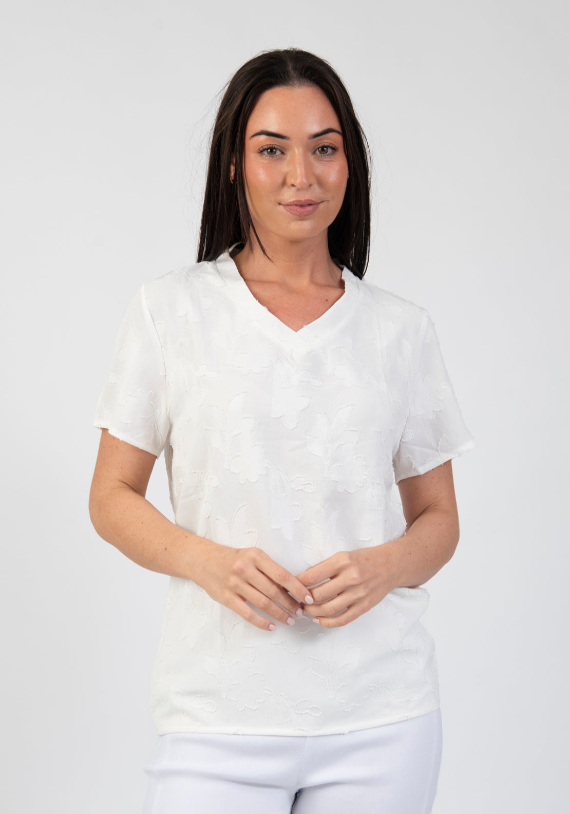 Tea Lane Textured Floral V Neck T Shirt - White 1 Shaws Department Stores