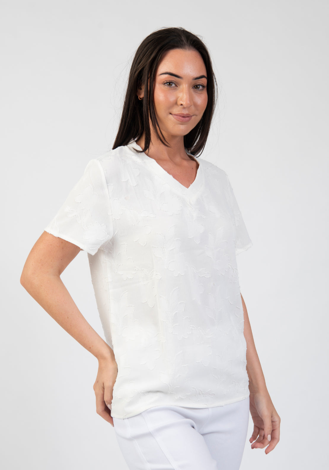 Tea Lane Textured Floral V Neck T Shirt - White 3 Shaws Department Stores