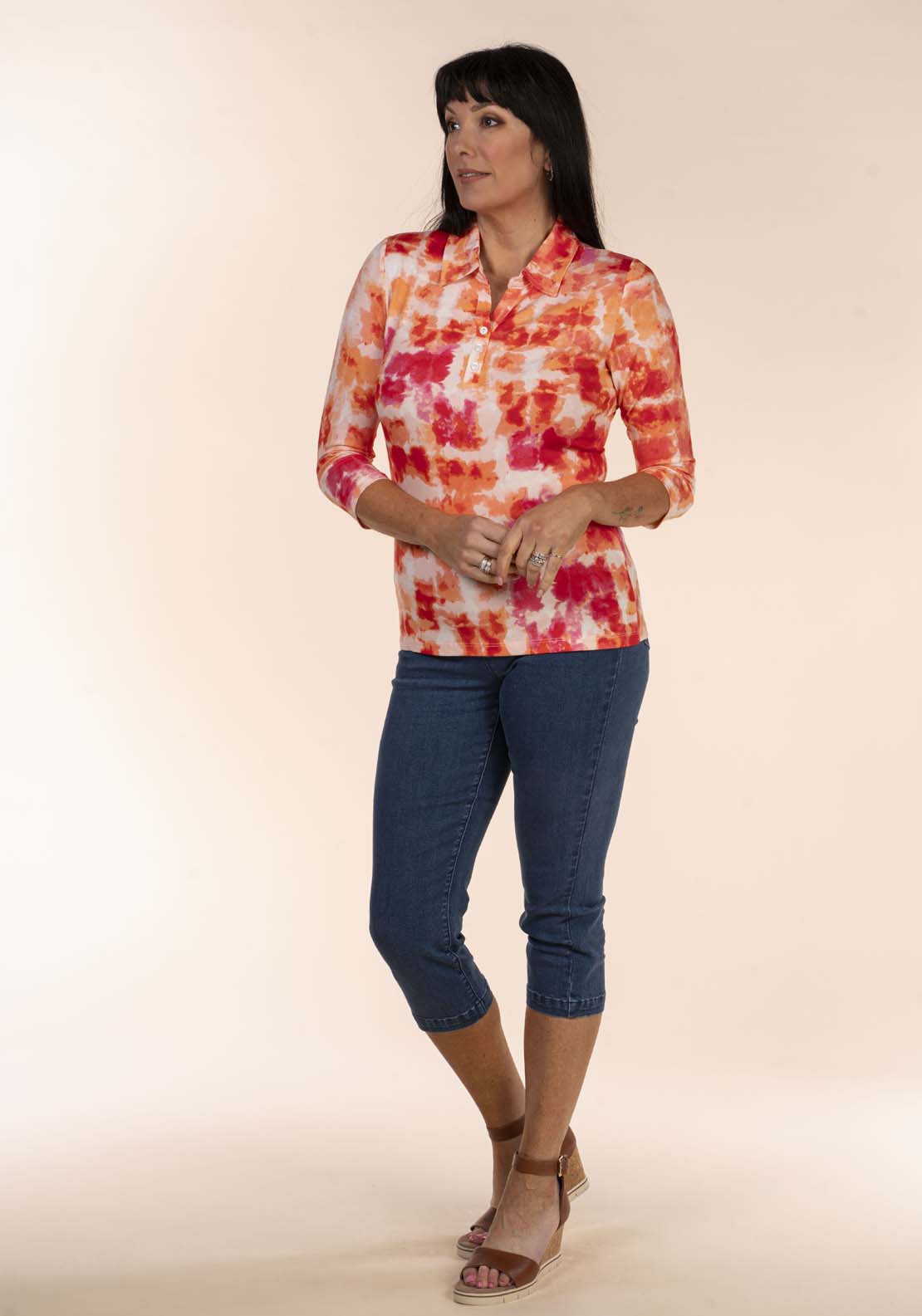 Tea Lane Tiedye Collar Top - Red / Orange 3 Shaws Department Stores