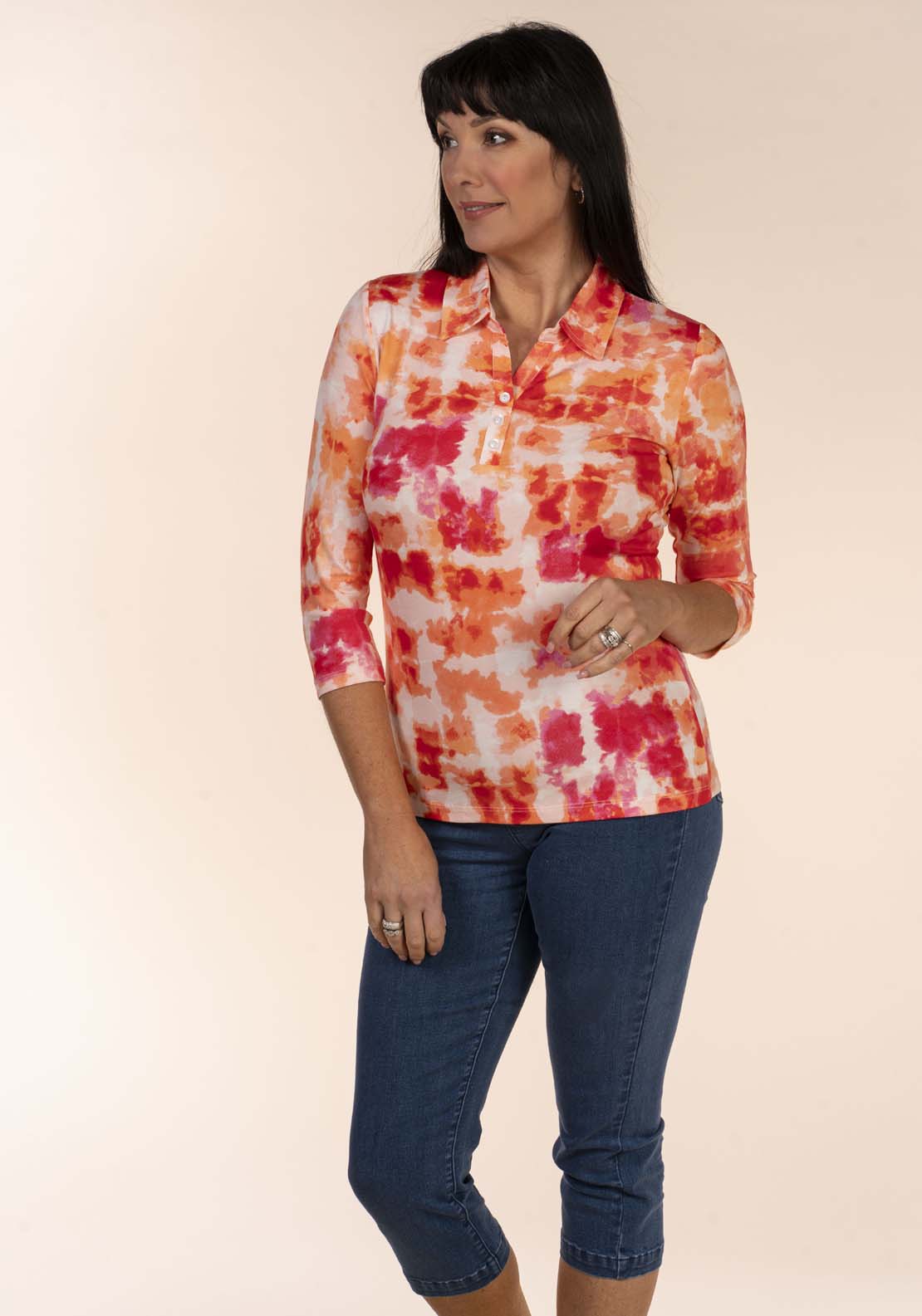 Tea Lane Tiedye Collar Top - Red / Orange 5 Shaws Department Stores