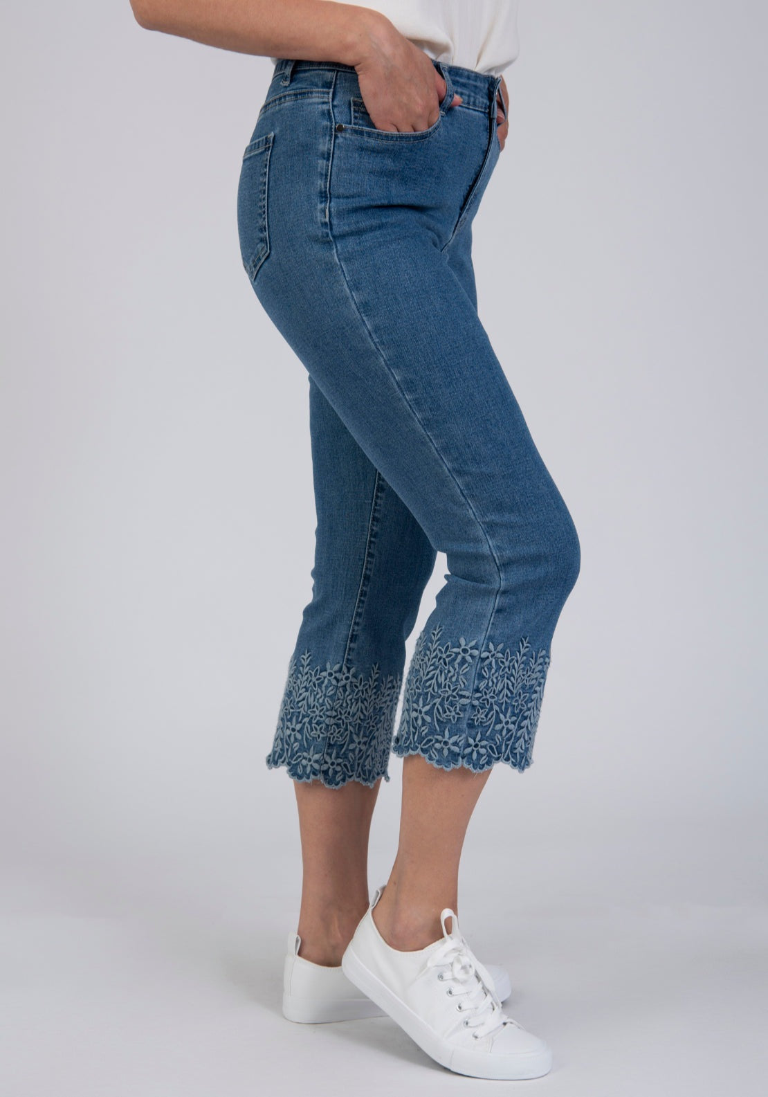 Tea Lane Cropped Denim Jeans With Embroidery Floral Hem - Blue 3 Shaws Department Stores
