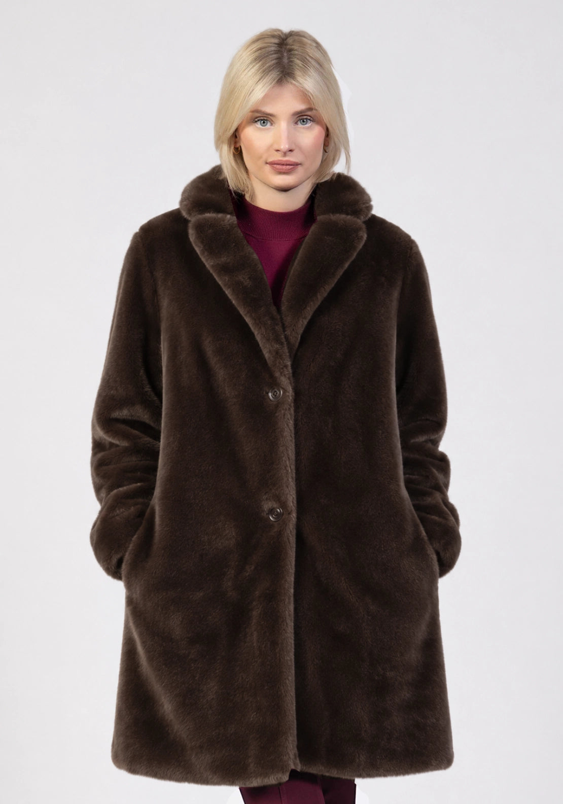 Faux Fur Long Coat - Brown