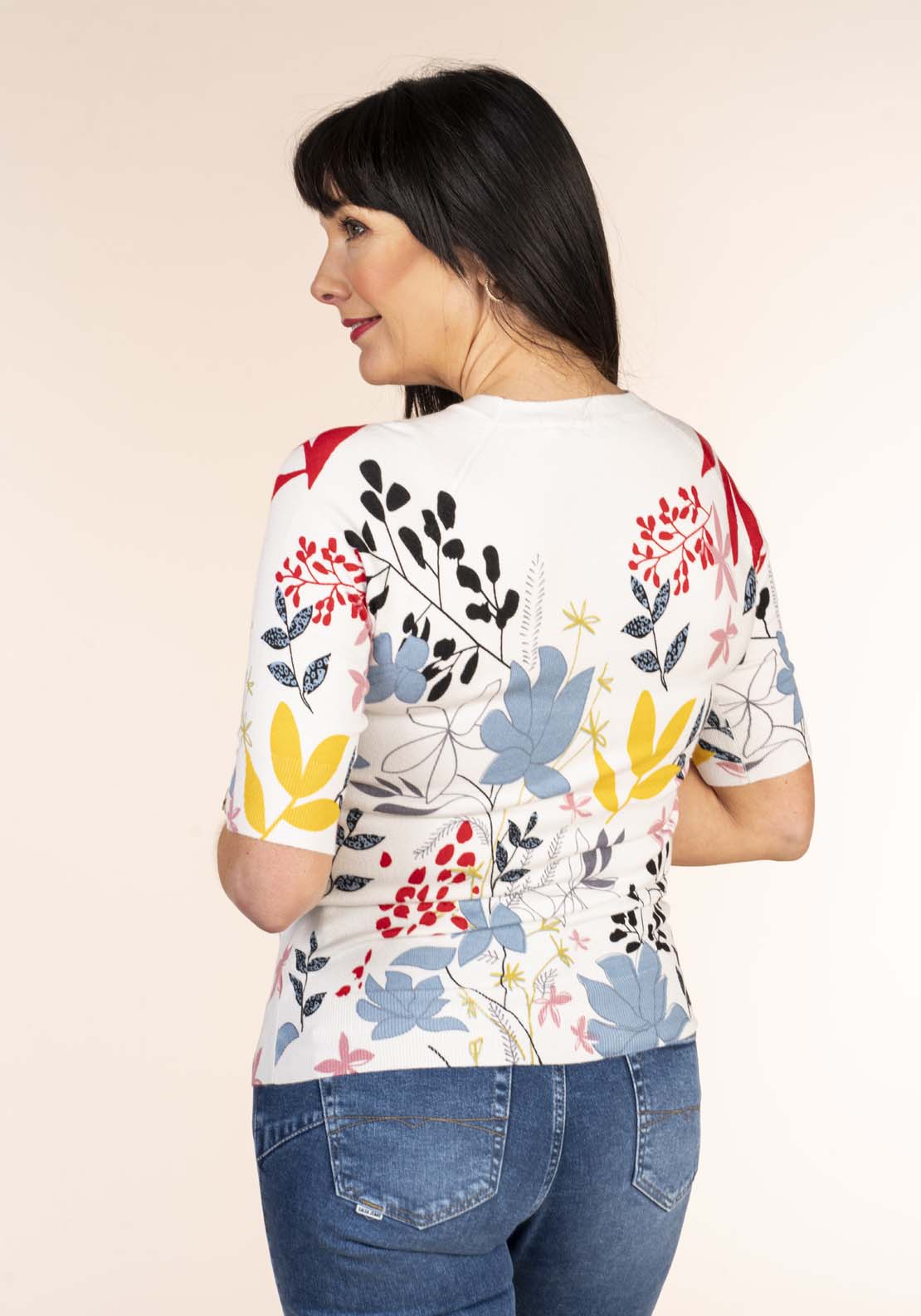Tea Lane Leaf Print Sweater - White 4 Shaws Department Stores