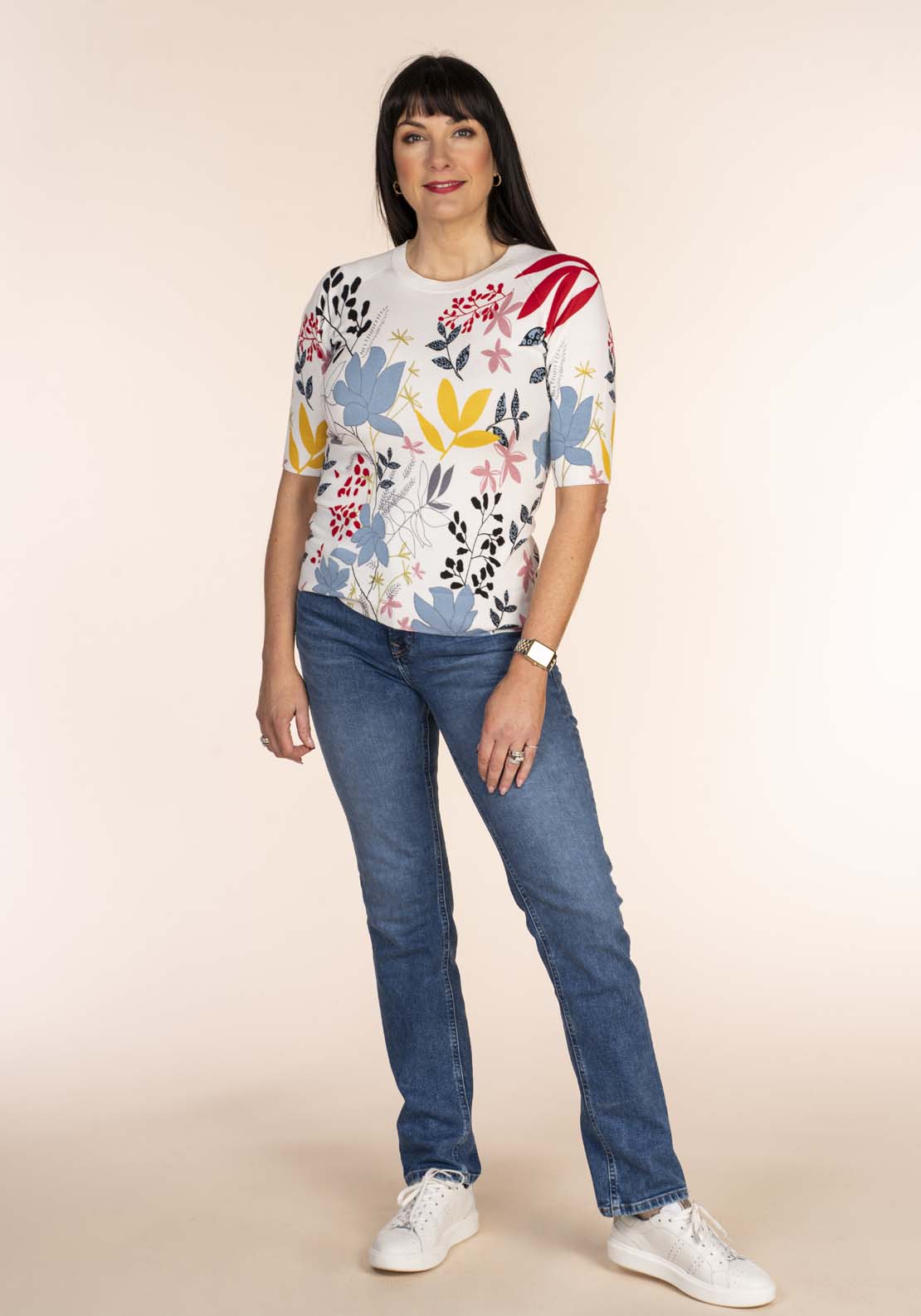 Tea Lane Leaf Print Sweater - White 6 Shaws Department Stores