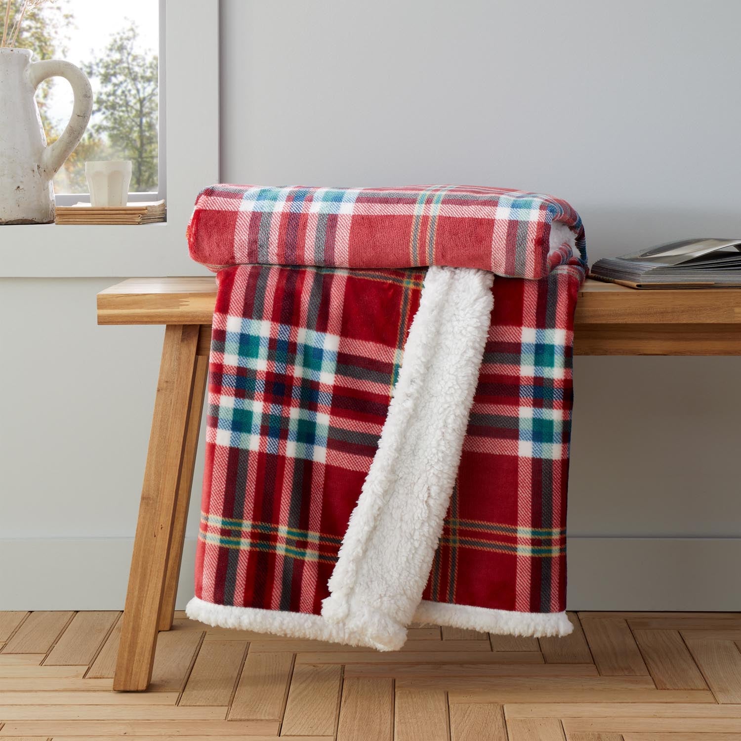 The Home Collection Soft and Cosy Check Throw - Red 1 Shaws Department Stores
