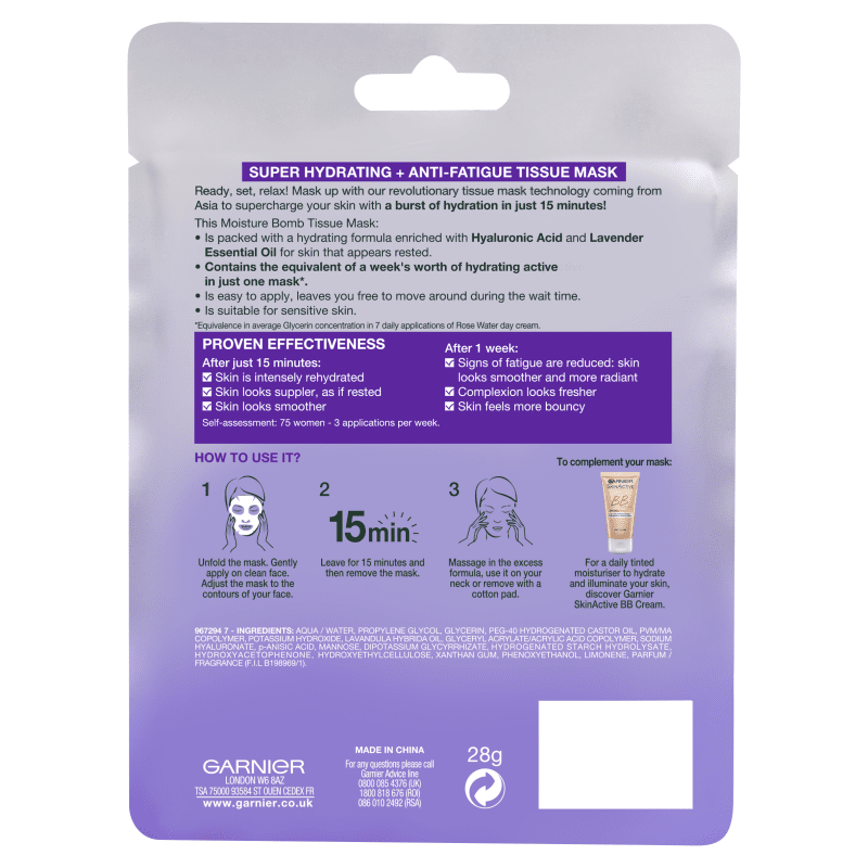 Garnier Moisture Bomb Lavender Hydrating Face Sheet Mask - 28g 2 Shaws Department Stores