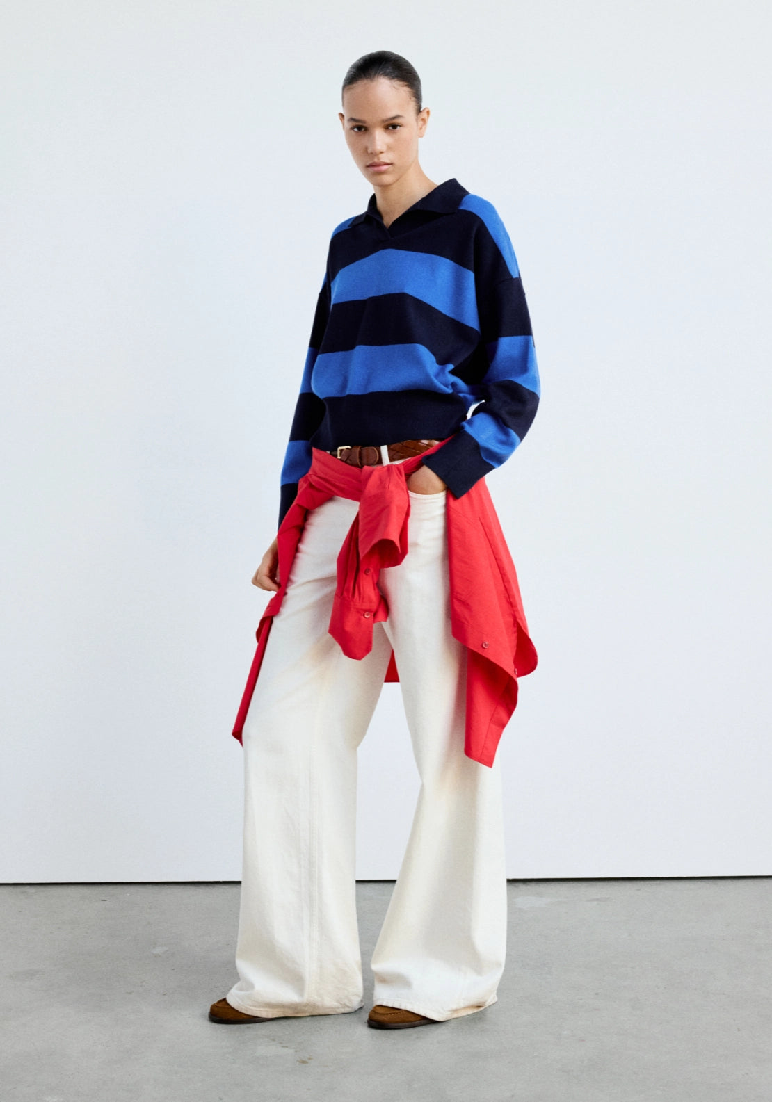 Striped Sporty Polo Neck Sweater - Blue