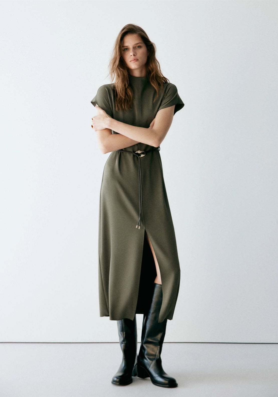High Neck Belted Dress - Brown