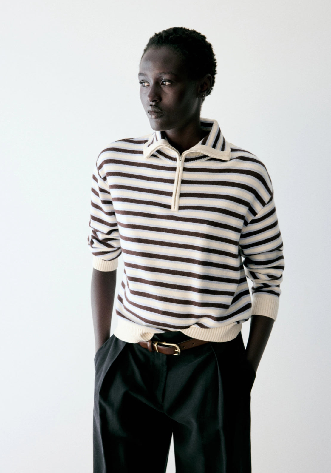 Zip Neck Knit Sweater - Cream/brown