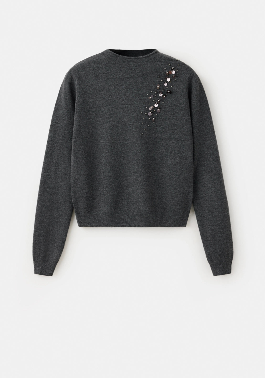 Knit Sweater with Medium Collar and Bead - Grey
